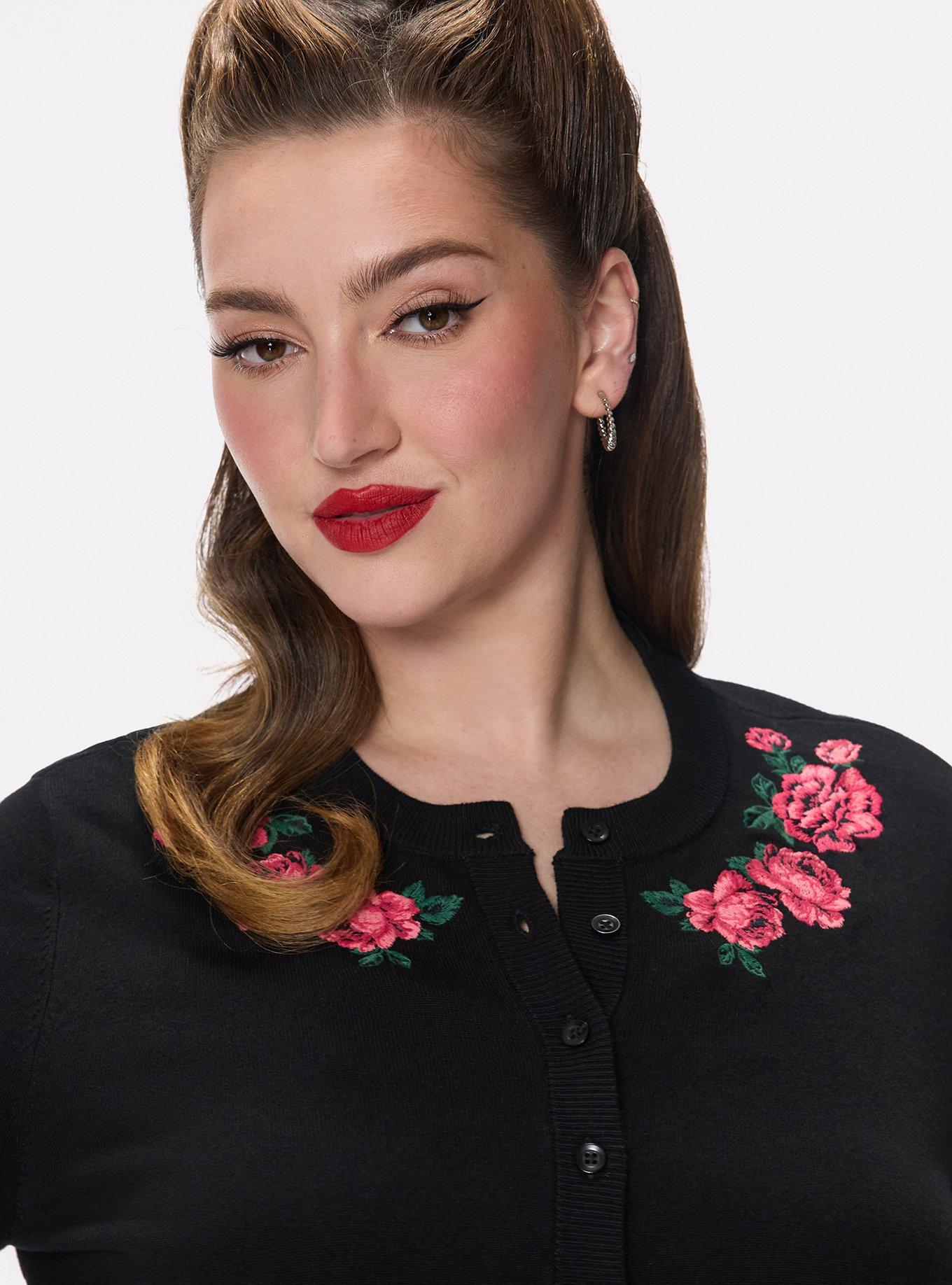 Retro Chic Embroidered Cardigan, FULL OF ROSES DEEP BLACK, alternate
