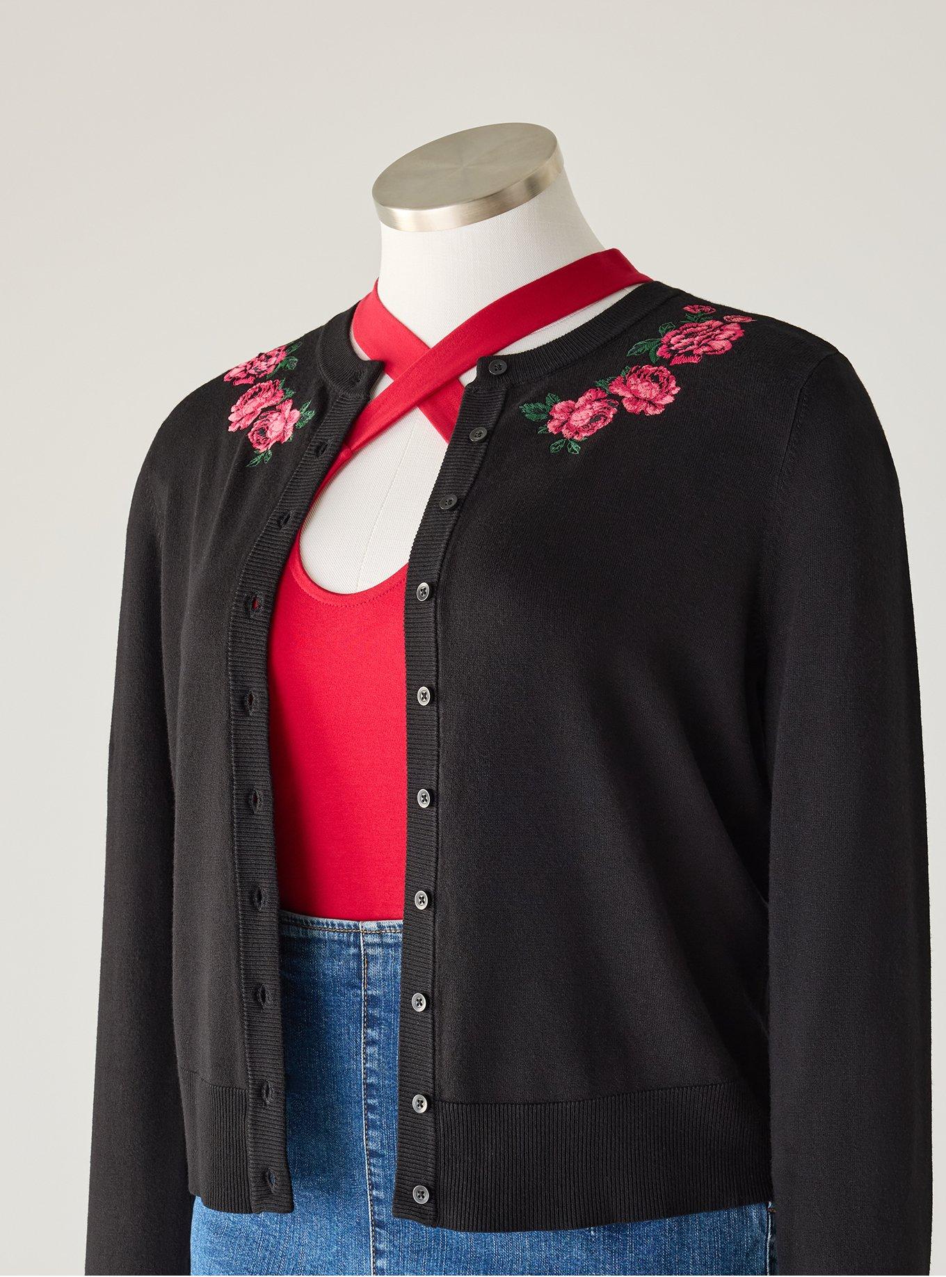 Retro Chic Embroidered Cardigan, FULL OF ROSES DEEP BLACK, flat