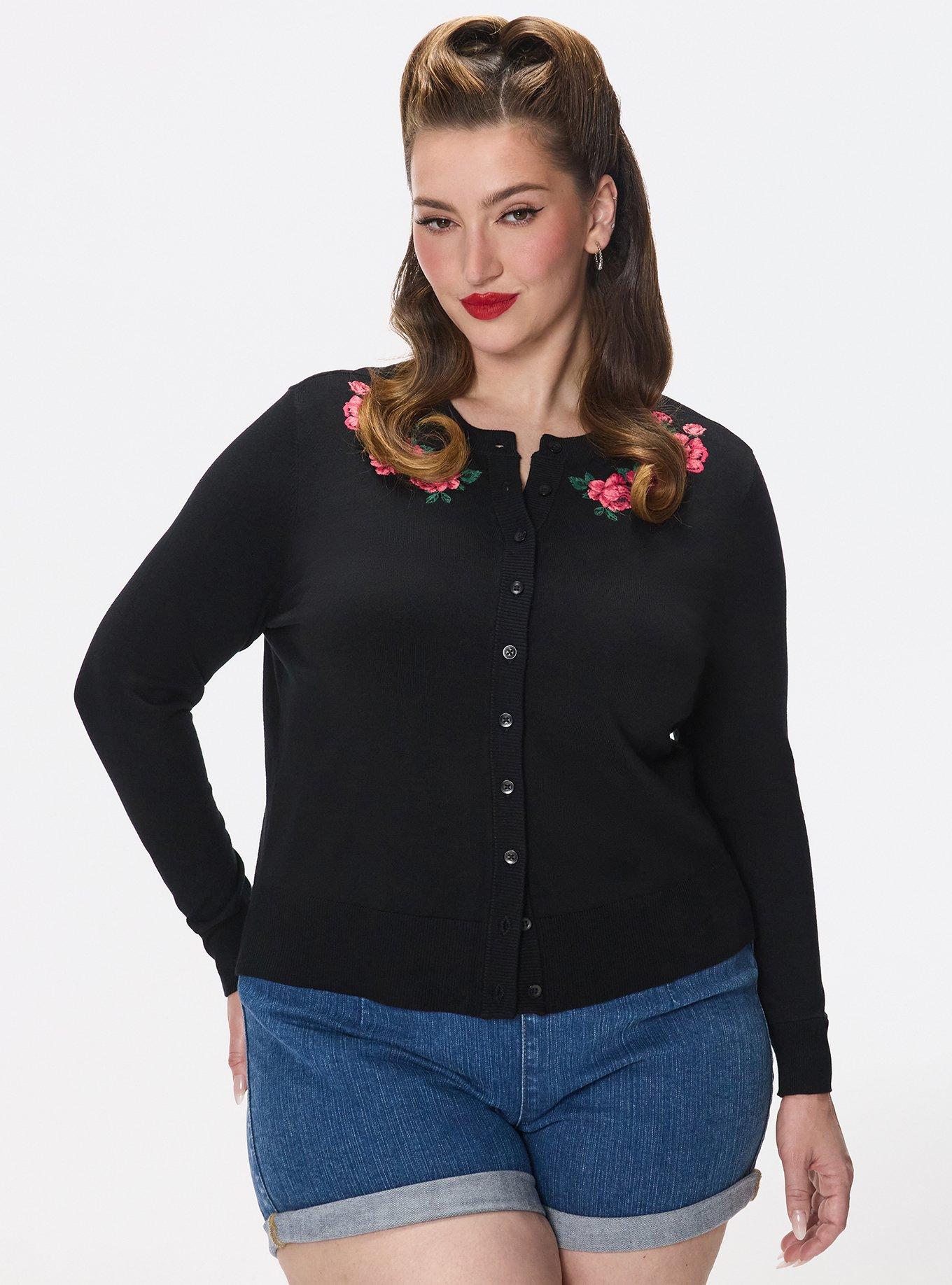 Retro Chic Embroidered Cardigan, FULL OF ROSES DEEP BLACK, hi-res