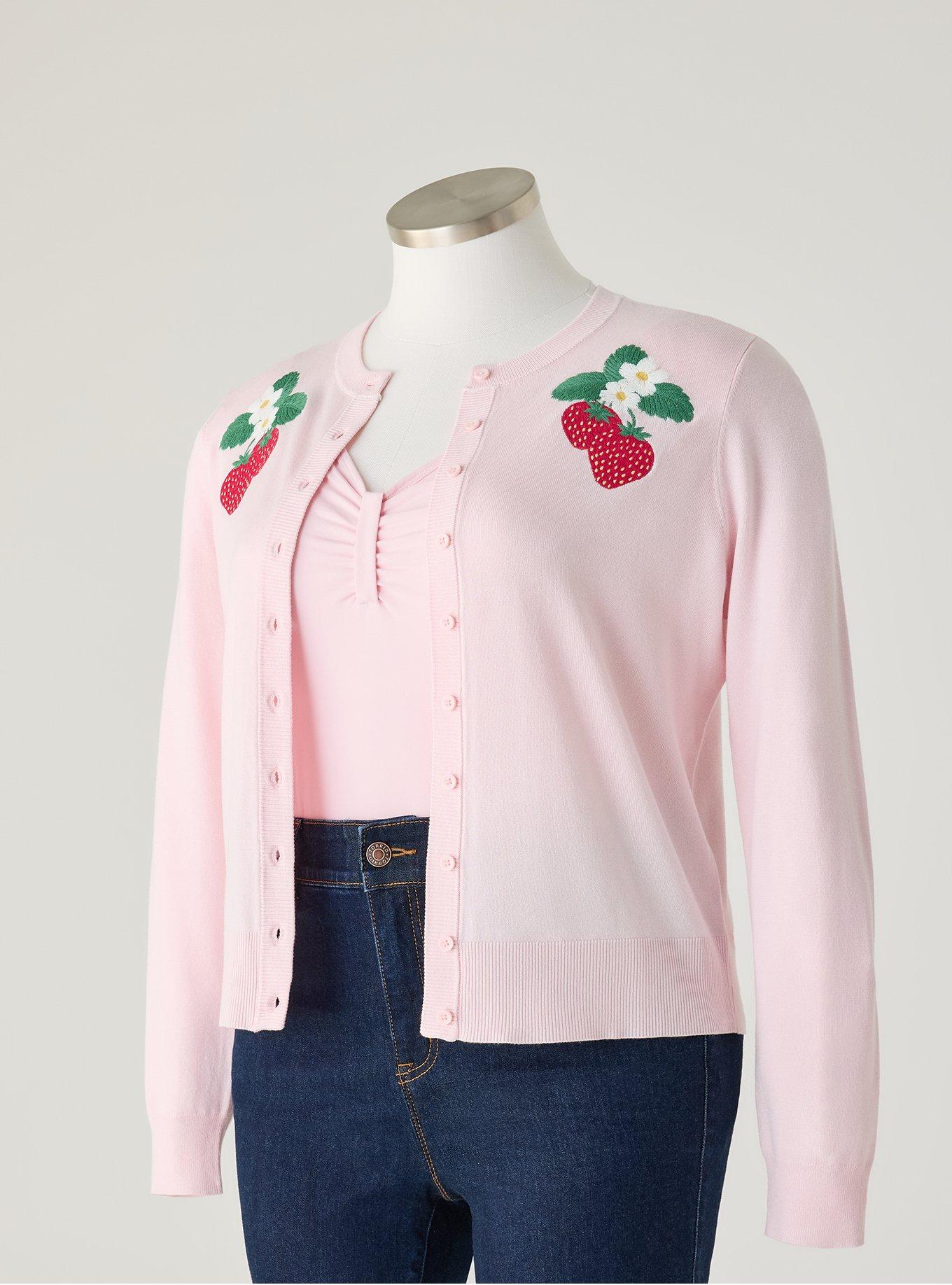 RETRO EMBROIDERED CARDIGAN, TWIN STRAWBERRIES ICY PINK, flat