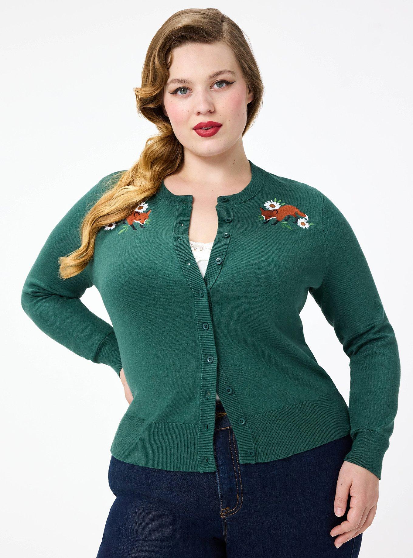 Plus Size Retro Chic Embroidered Cardigan, FOXY FLORAL, hi-res