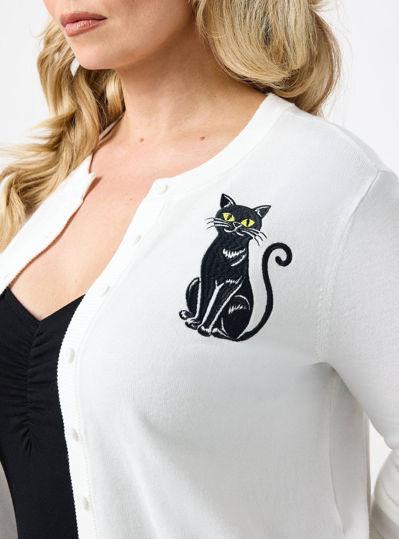 Retro Chic Embroidered Cardigan, BLACK KITTY CAT, alternate