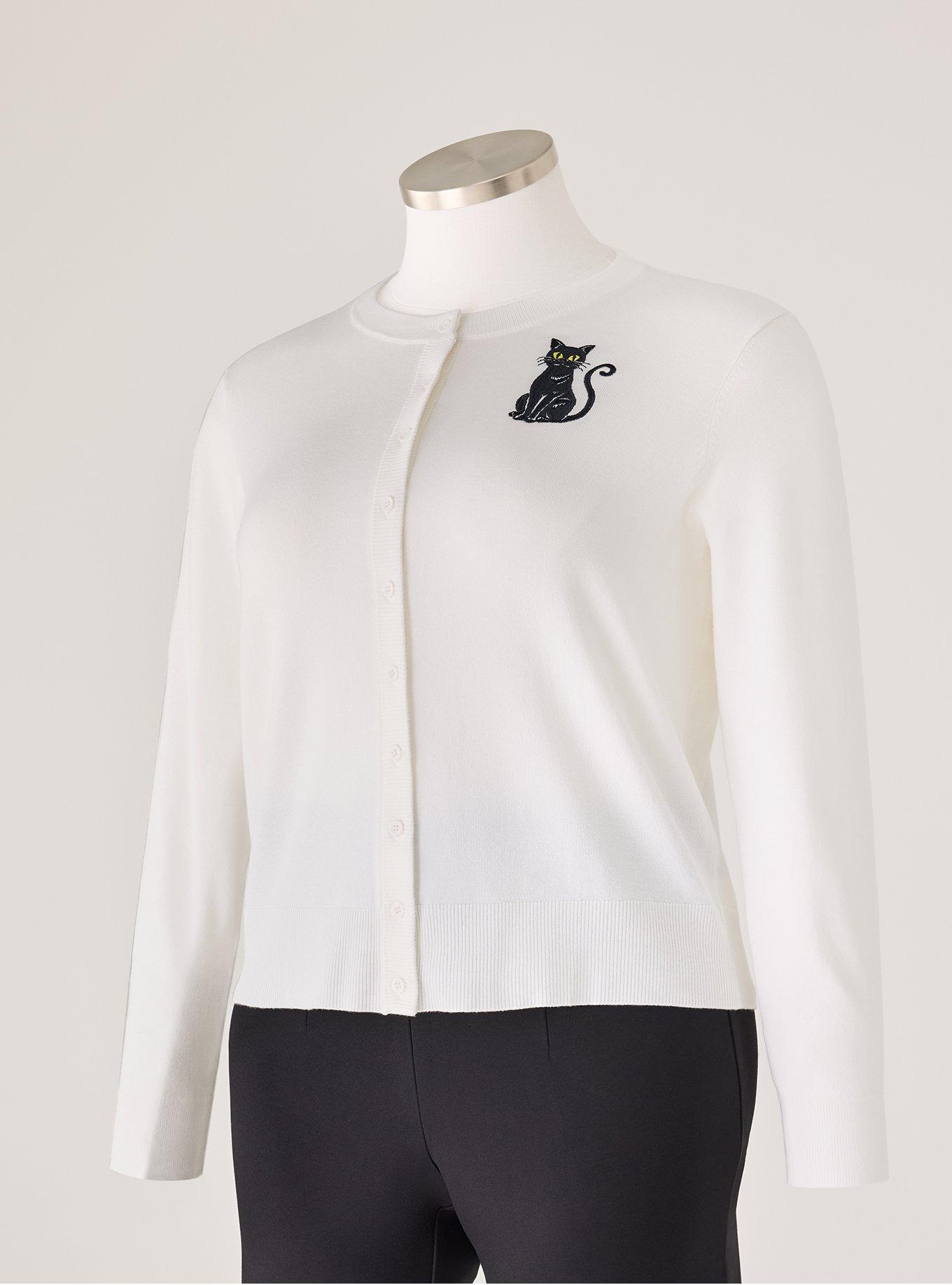 Retro Chic Embroidered Cardigan, BLACK KITTY CAT, flat