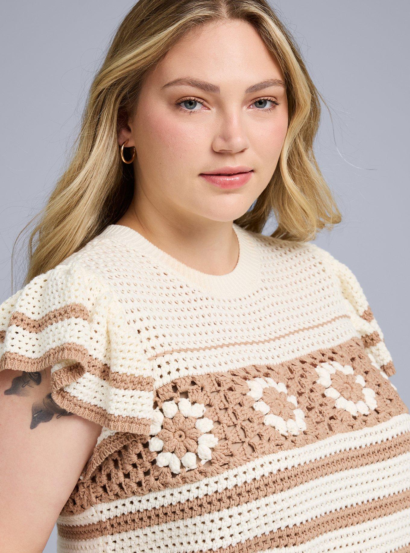 Belle Isle Ruffle-Sleeve Crochet Sweater