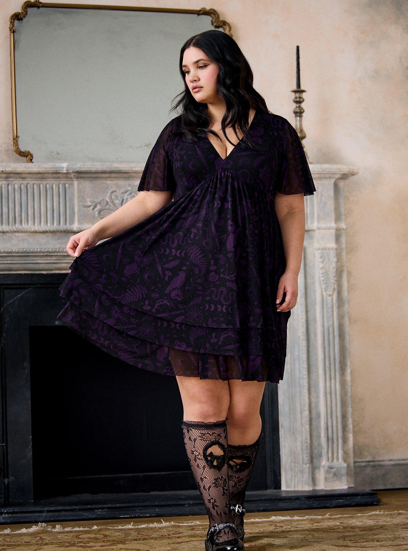 Plus Size Nightfall Tiered Mesh Mini Dress, WITCHY THINGS BLACK, hi-res