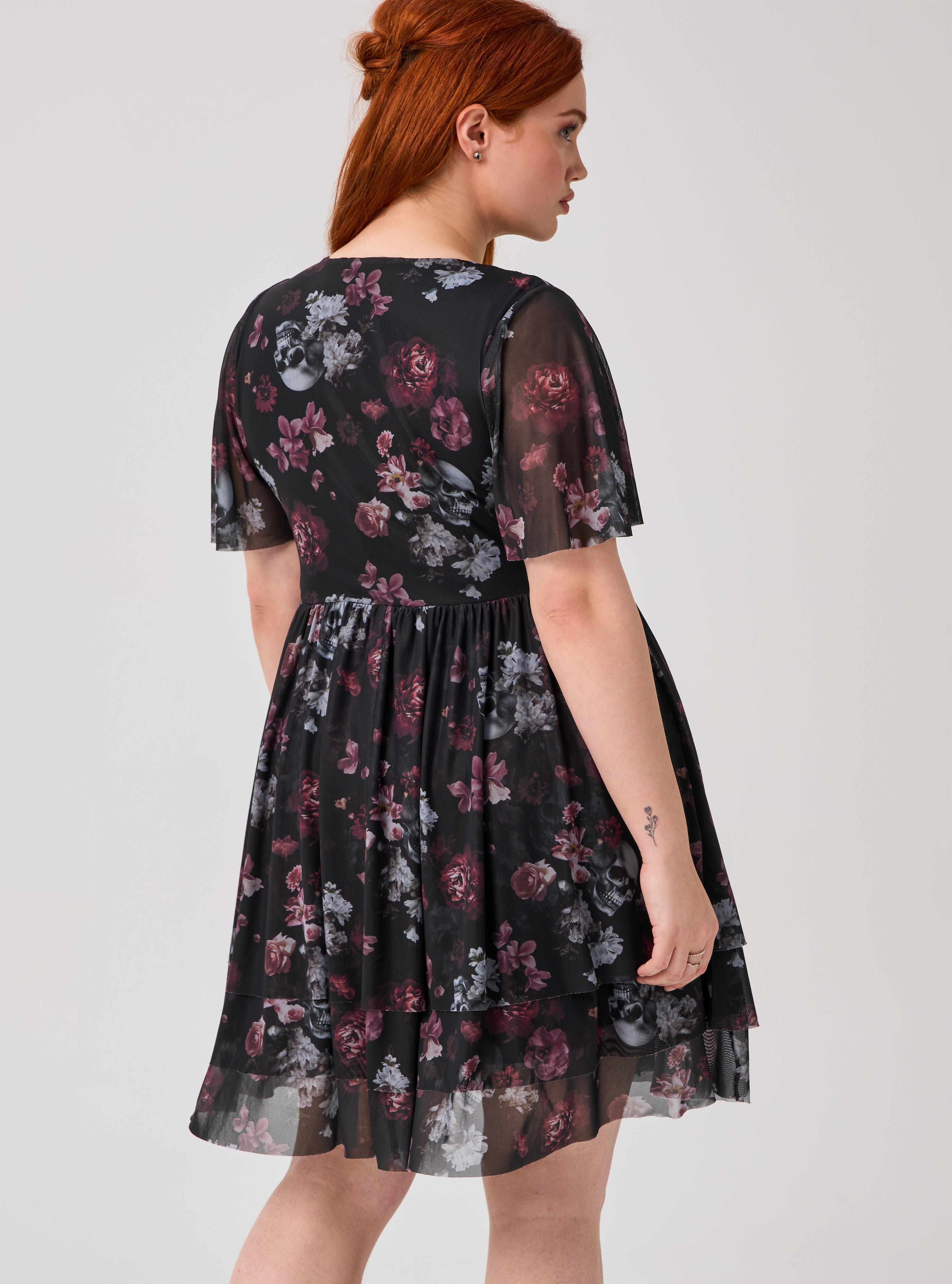 NIGHTFALL MESH TIERED MINI DRESS, RYLEY SKULL FLORAL BLACK, alternate