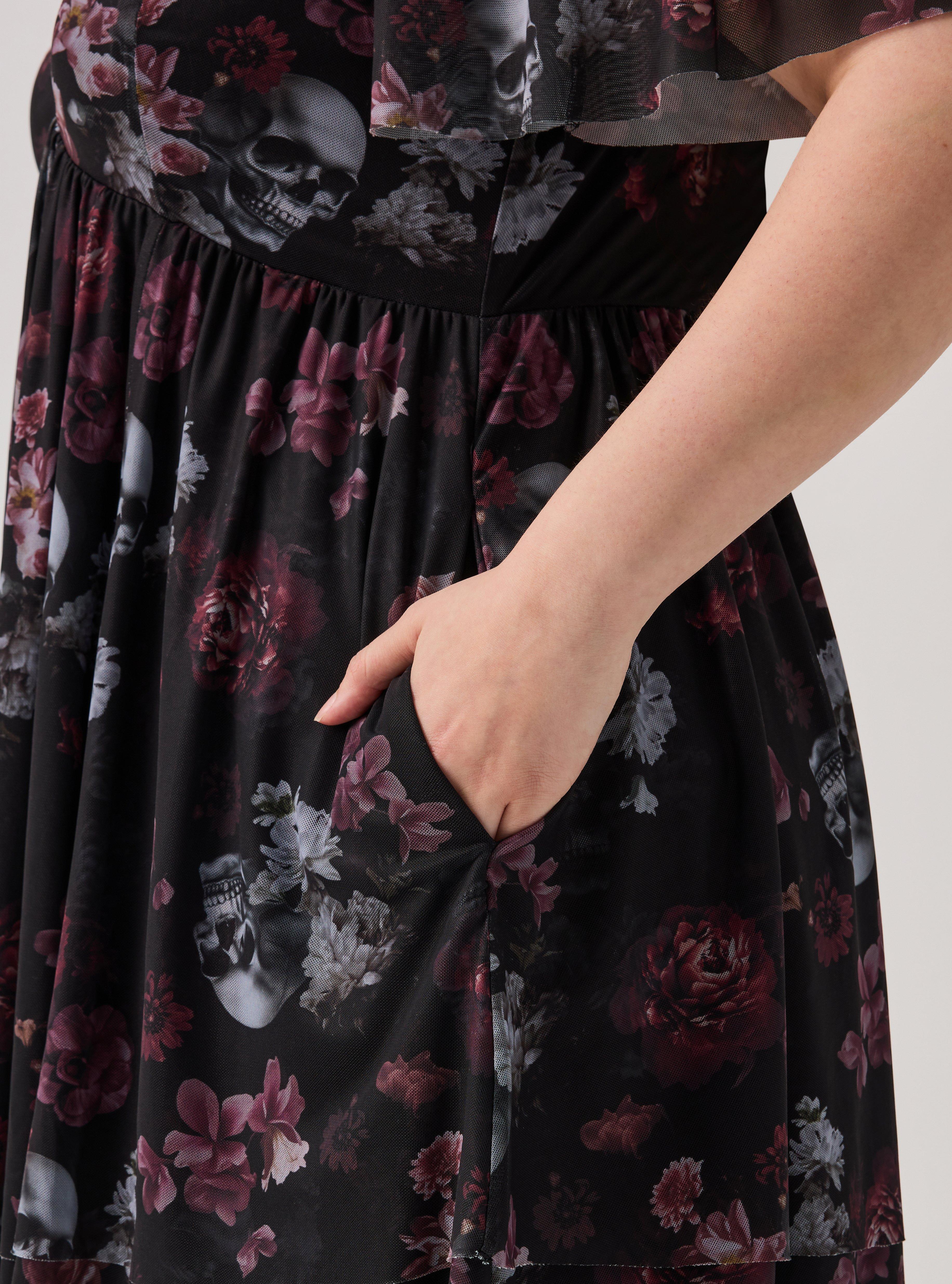 NIGHTFALL MESH TIERED MINI DRESS, RYLEY SKULL FLORAL BLACK, alternate