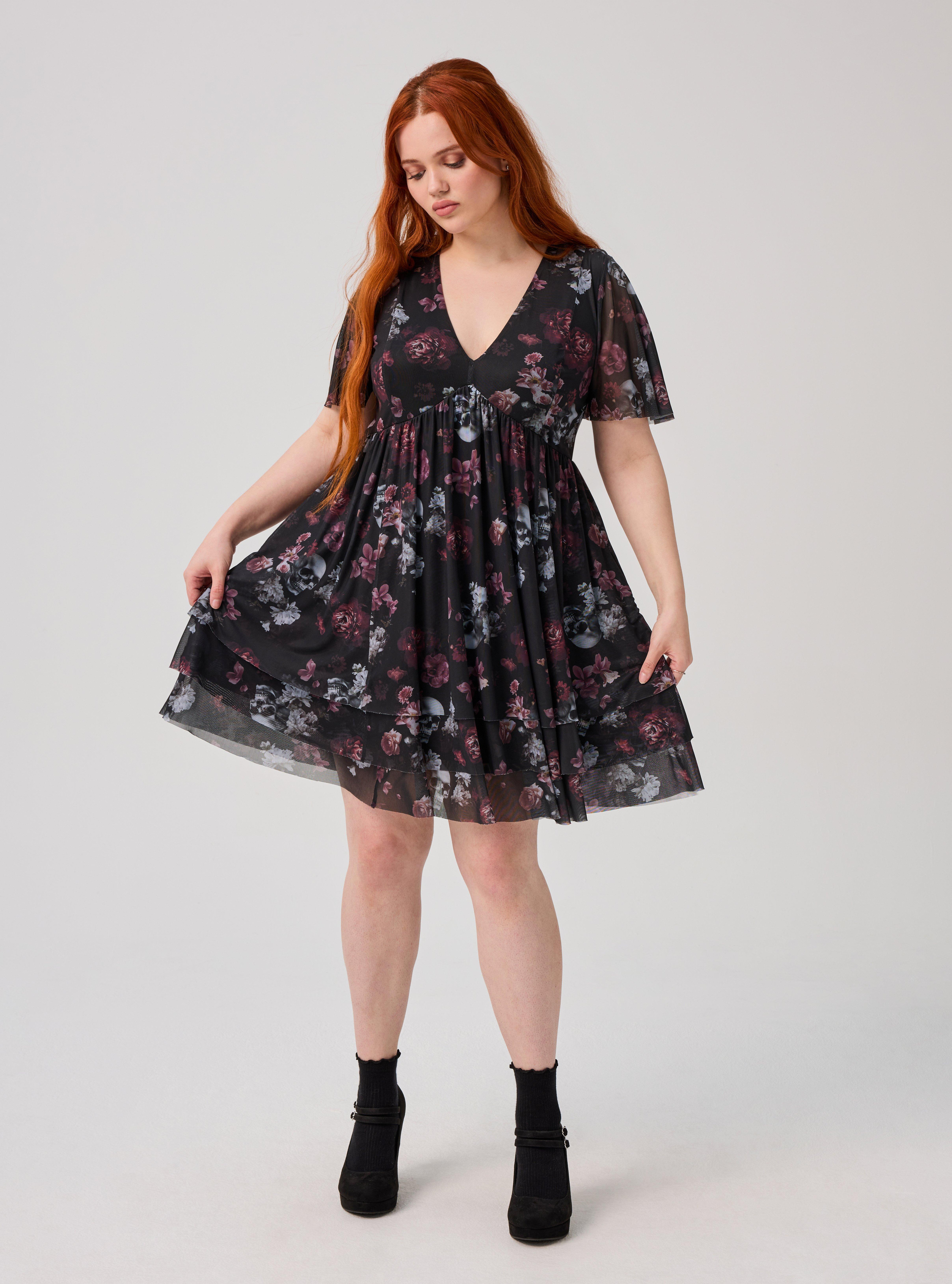 NIGHTFALL MESH TIERED MINI DRESS, RYLEY SKULL FLORAL BLACK, alternate