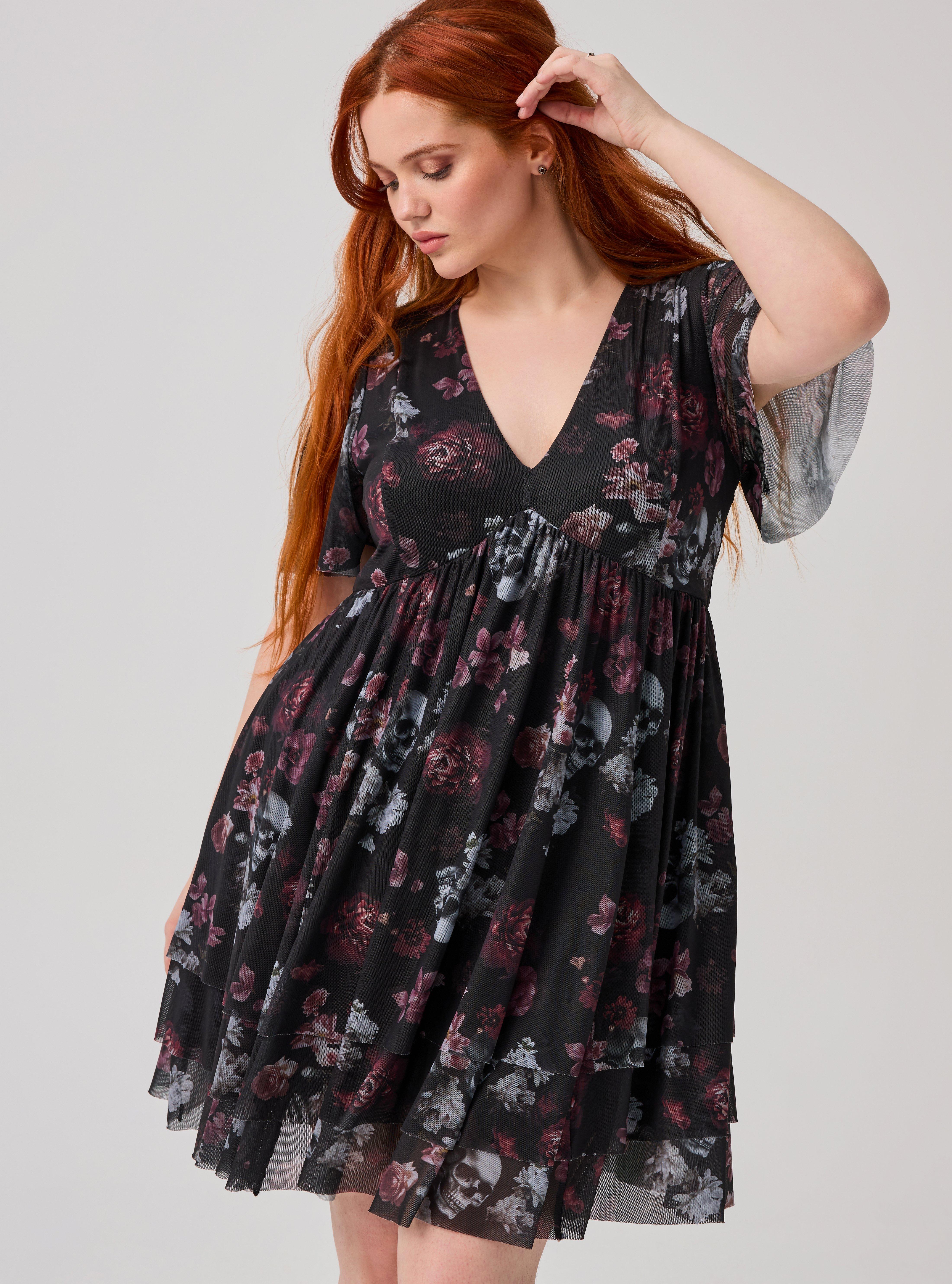 NIGHTFALL MESH TIERED MINI DRESS, RYLEY SKULL FLORAL BLACK, alternate