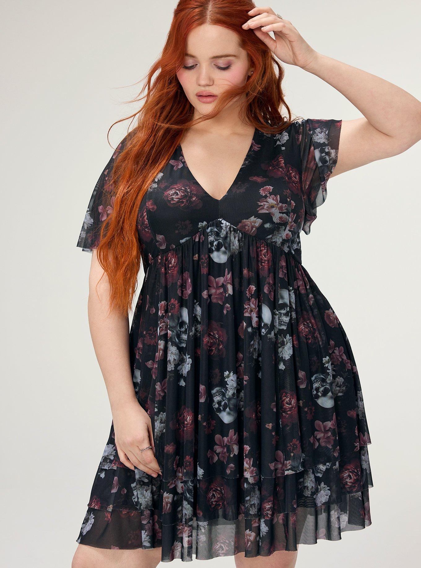 NIGHTFALL MESH TIERED MINI DRESS, RYLEY SKULL FLORAL BLACK, hi-res