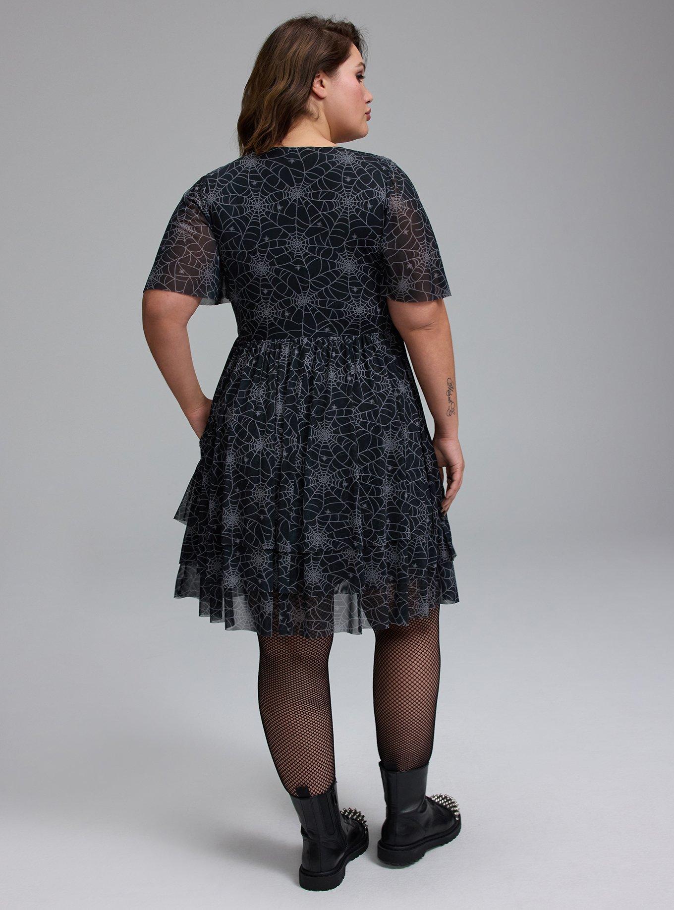 Nightfall Tiered Mesh Mini Dress, TINY SPIDER WEBS BLACK, alternate