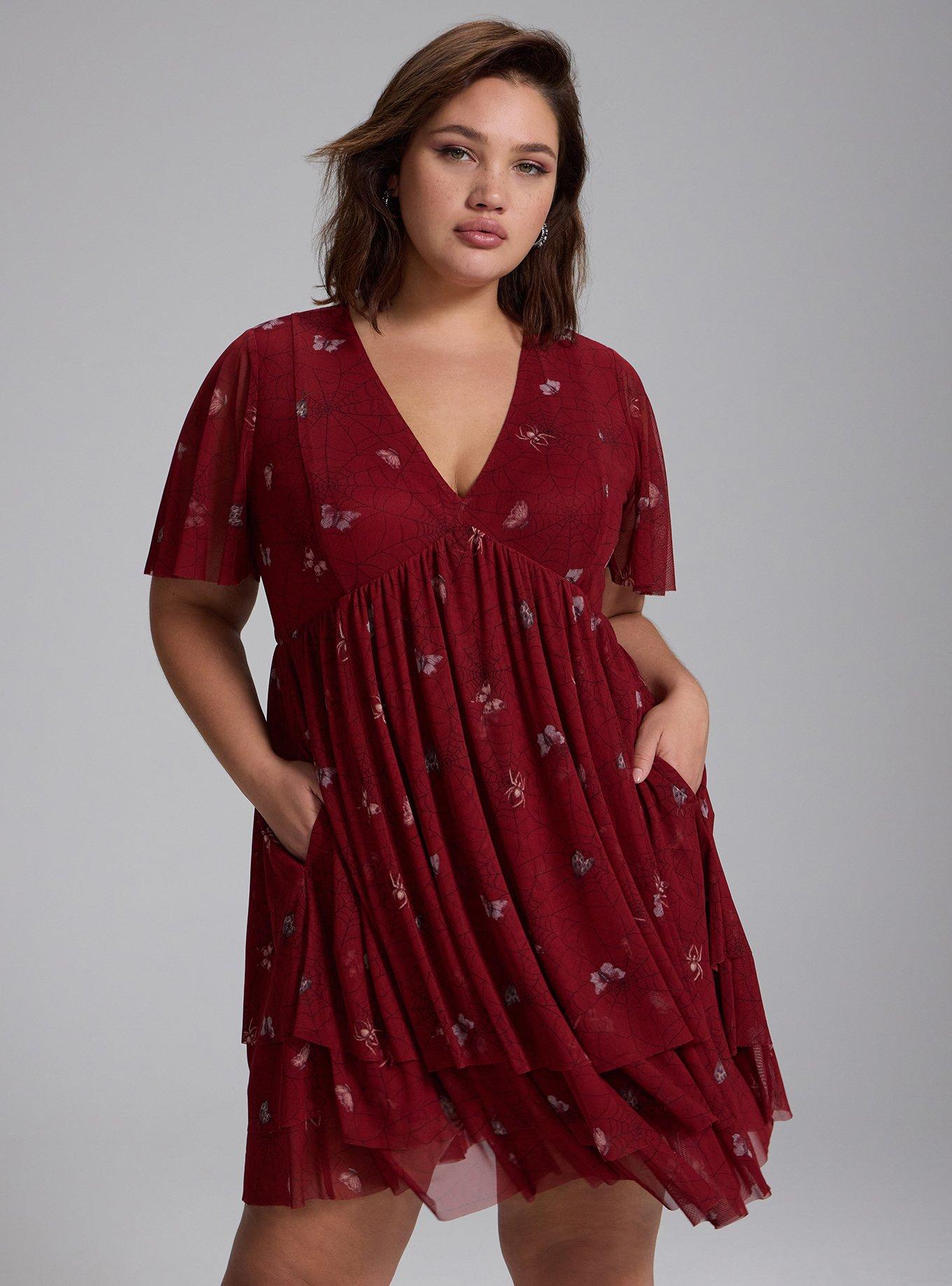 Nightfall Tiered Mesh Mini Dress, CAUGHT IN WEBS RED, alternate