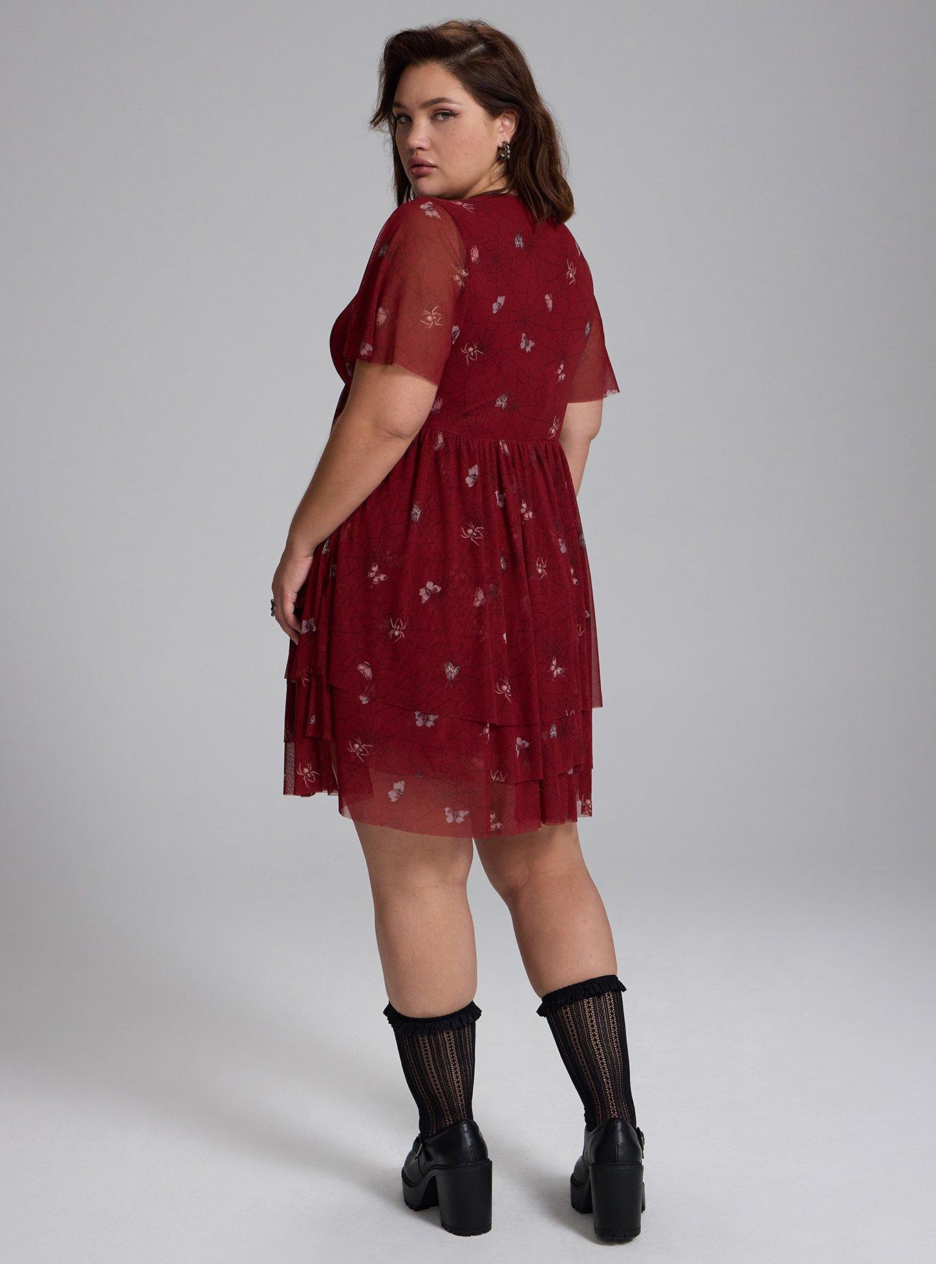 Nightfall Tiered Mesh Mini Dress, CAUGHT IN WEBS RED, alternate