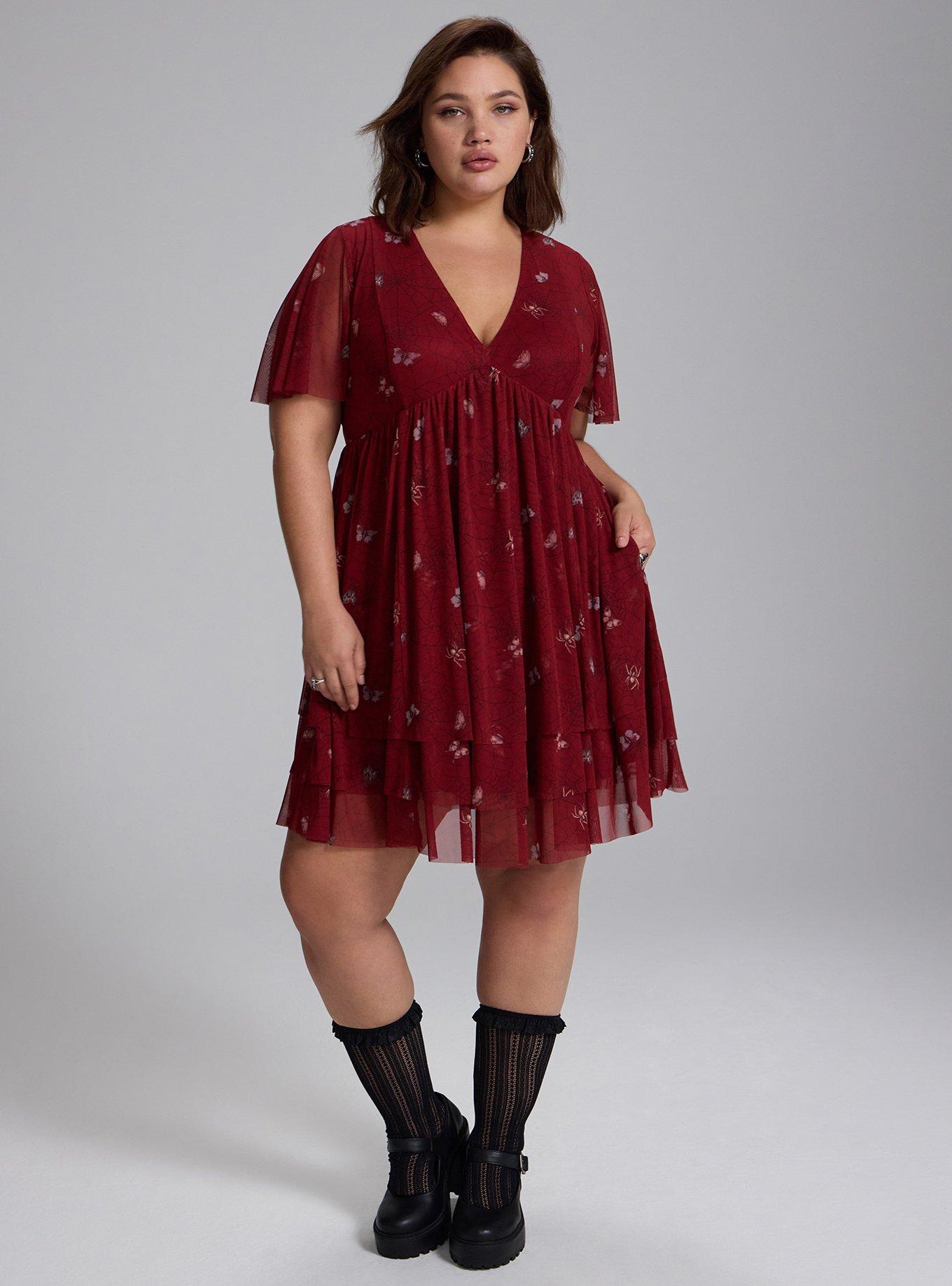 Nightfall Tiered Mesh Mini Dress, CAUGHT IN WEBS RED, hi-res
