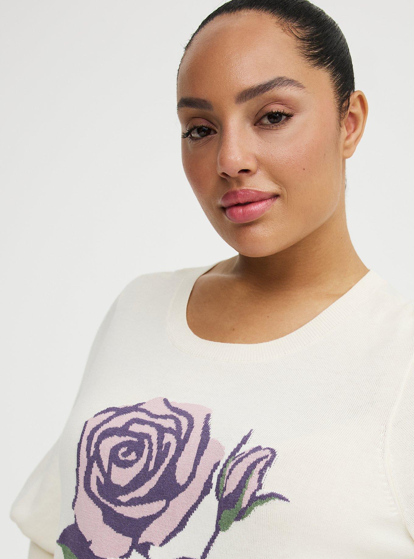 Cotton-Blend Crew Pullover Sweater, PRETTY ROSE WHISPER WHITE, alternate