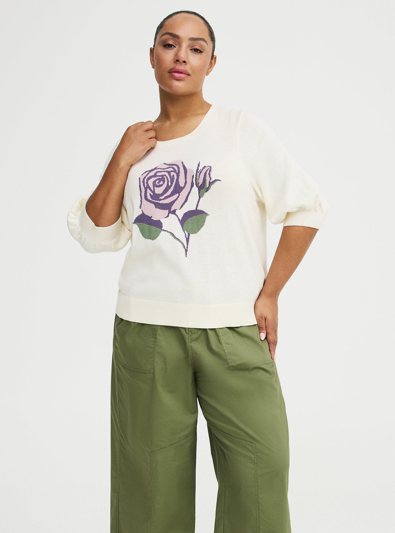 Cotton-Blend Crew Pullover Sweater, PRETTY ROSE WHISPER WHITE, alternate