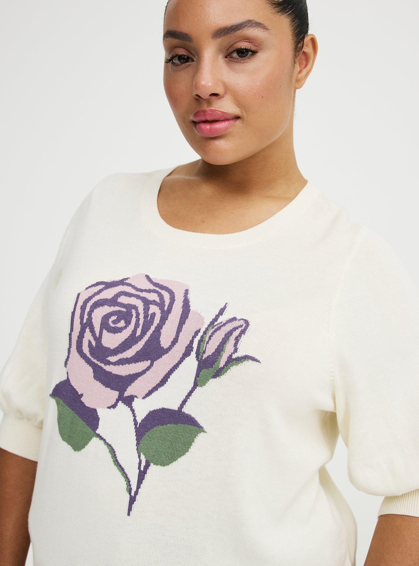 Cotton-Blend Crew Pullover Sweater, PRETTY ROSE WHISPER WHITE, alternate