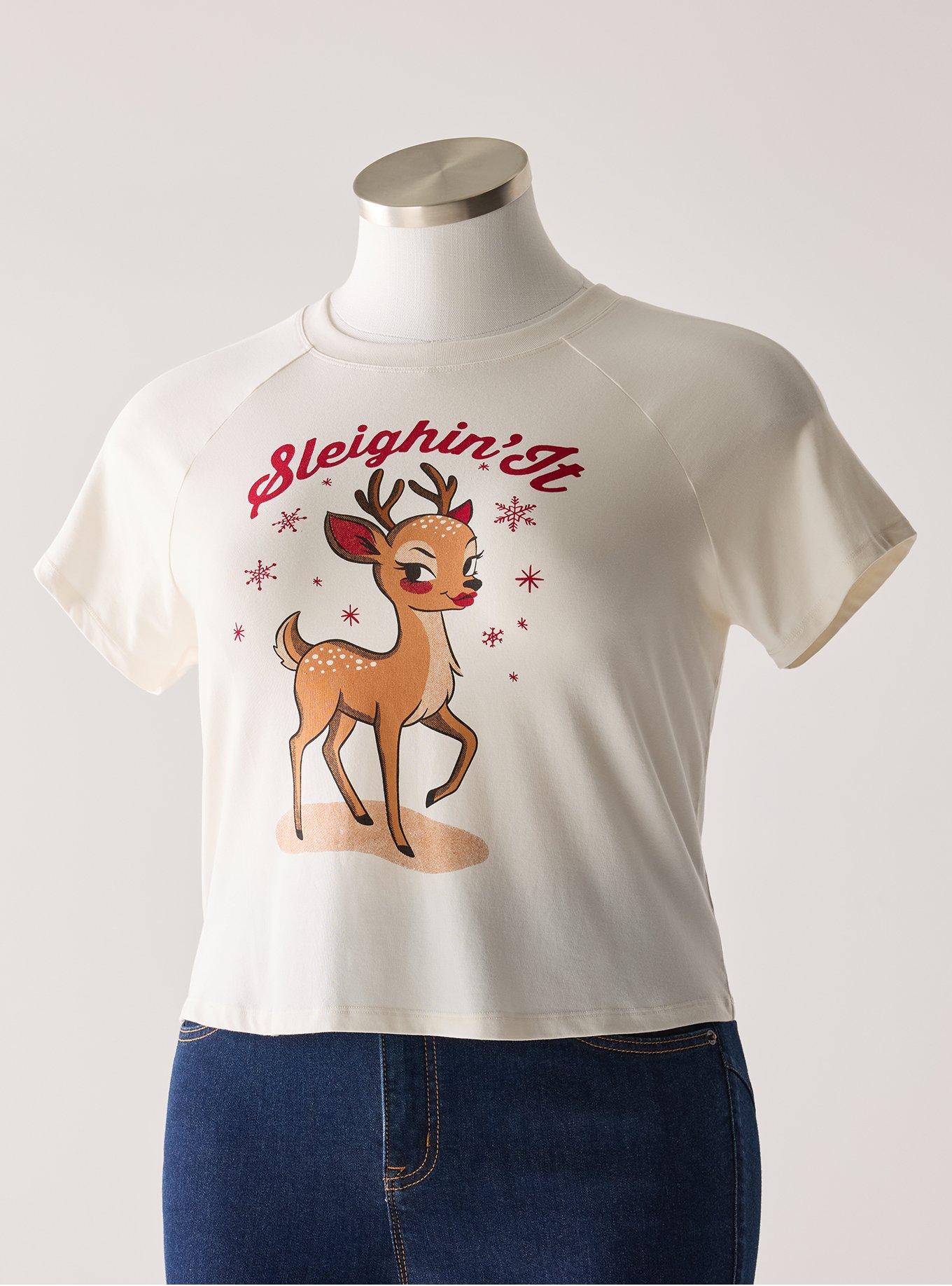 Retro Chic Fitted Crop Tee, SLEIGHIN IT DEER, flat