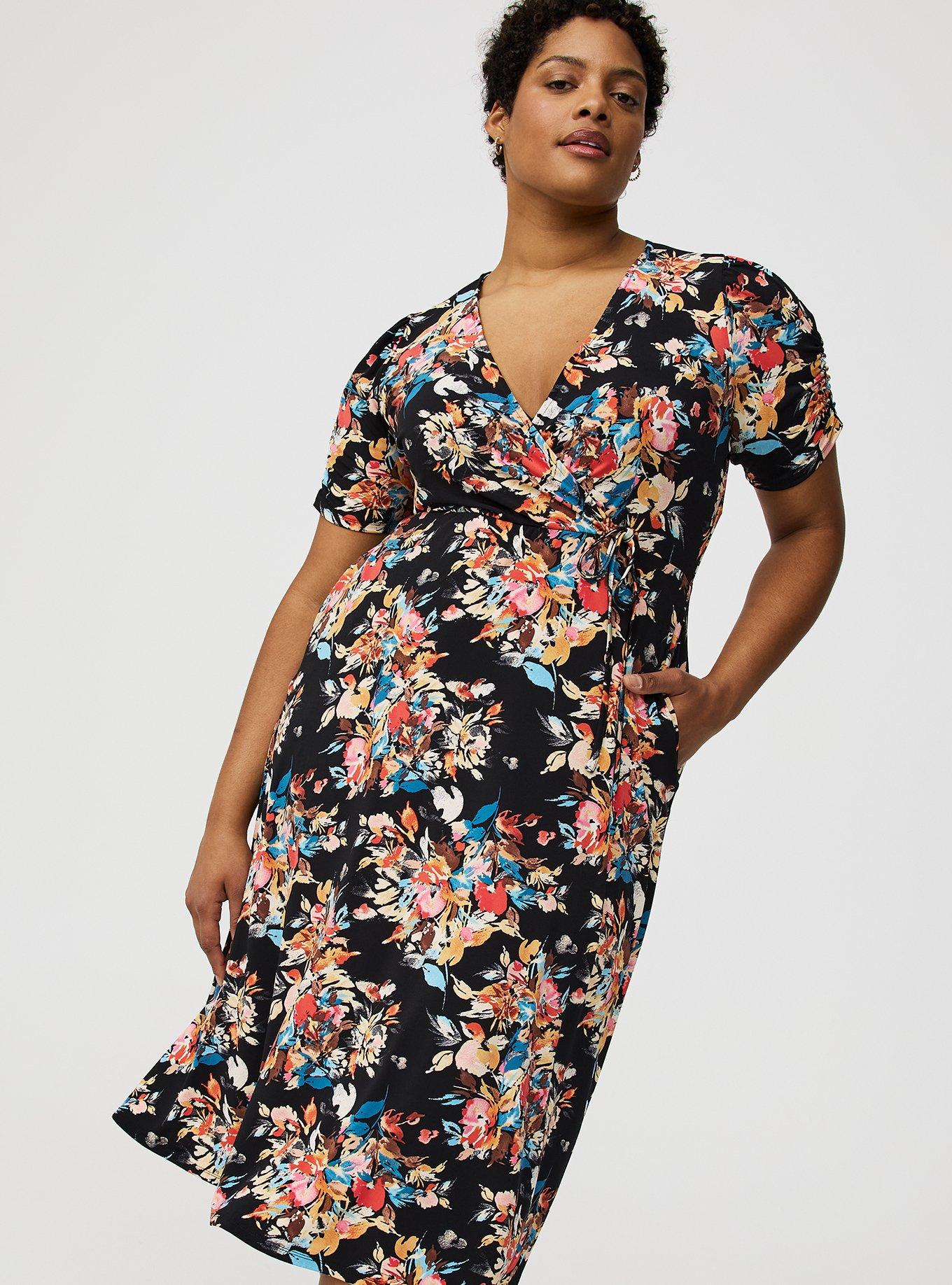 Midi Cinch-Sleeve Surplice Dress
