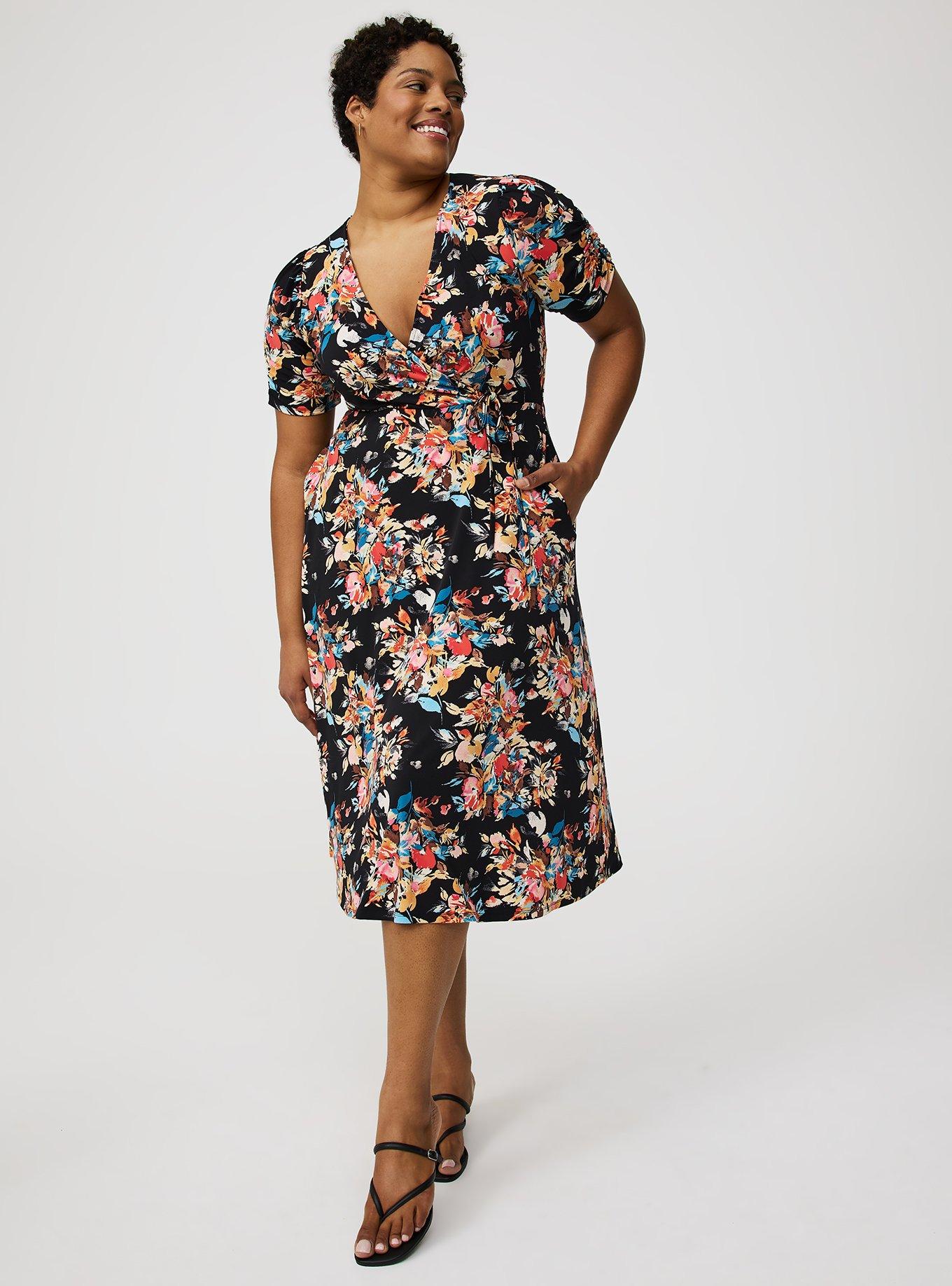 Midi Cinch-Sleeve Surplice Dress