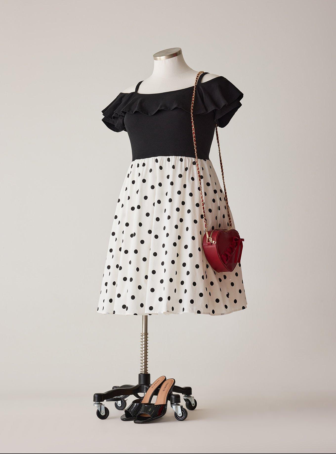 Women's Chic Off-Shoulder Knee-Length Dress In Polka Dots Blanc de Blanc By Retro At Torrid, Size 30, Plus Size