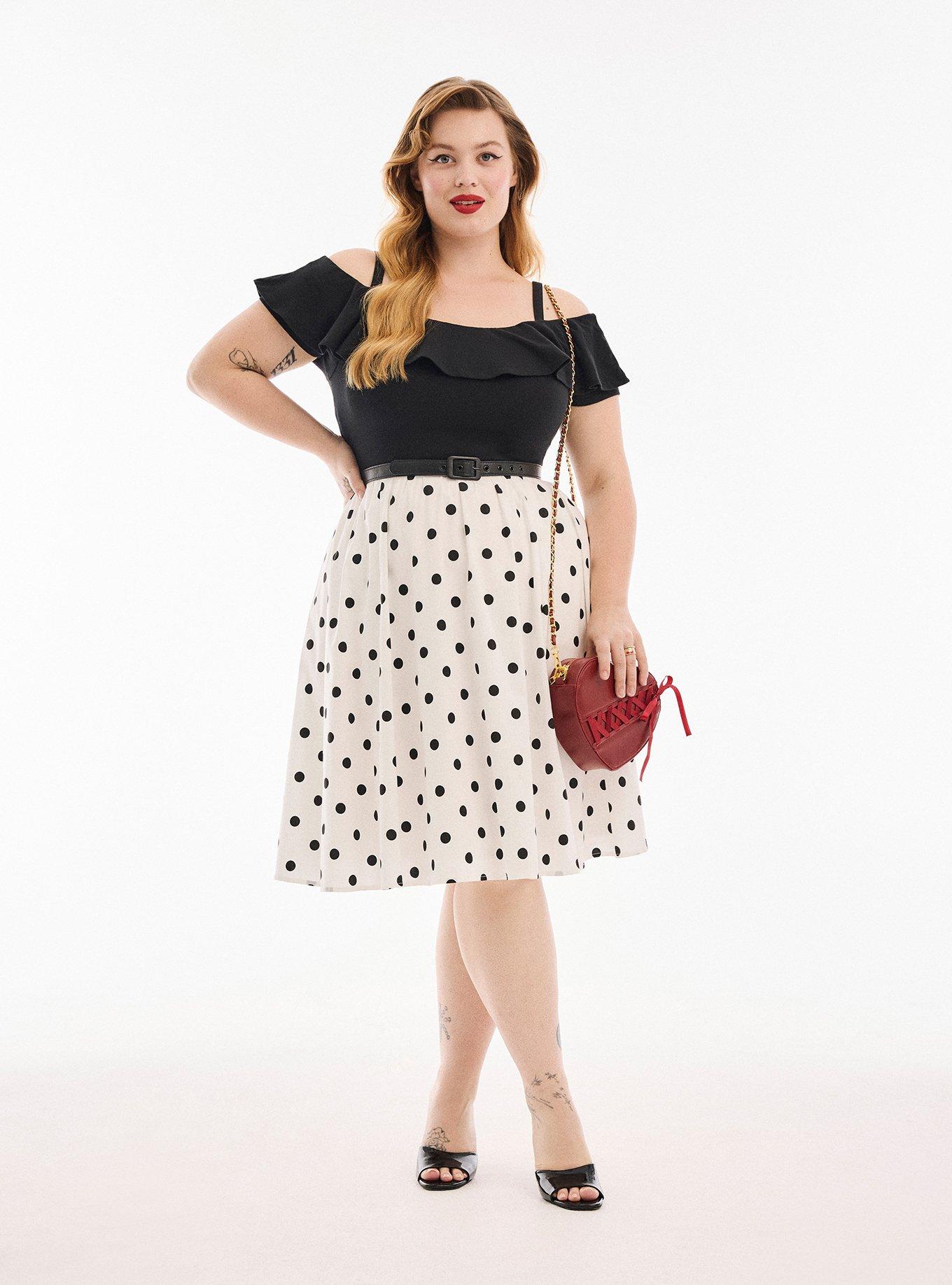 Retro Chic Off-Shoulder Knee-Length Dress, POLKA DOTS BLANC DE BLANC, hi-res
