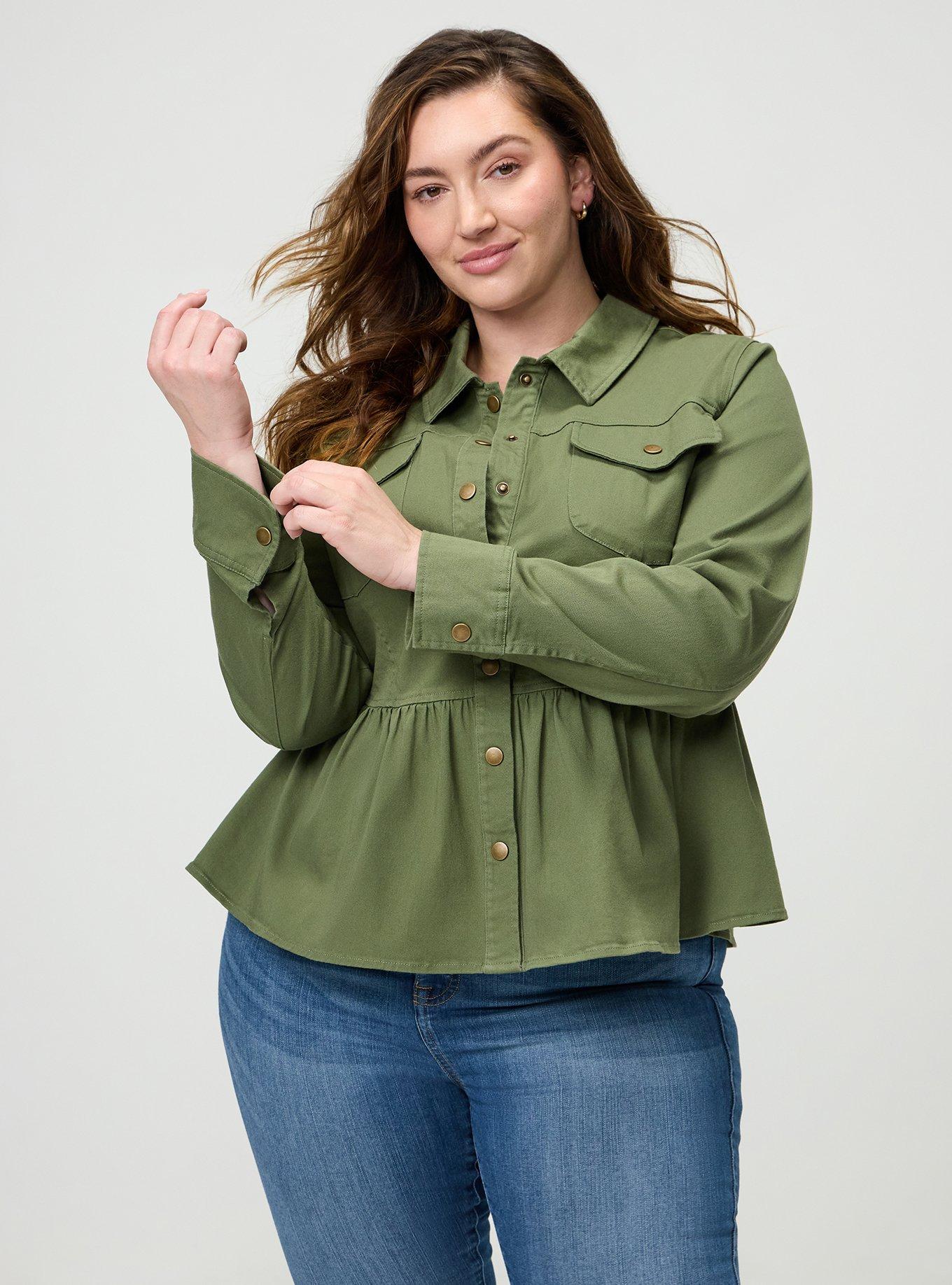 Plus Size Peplum Twill Jacket, OLIVINE, alternate