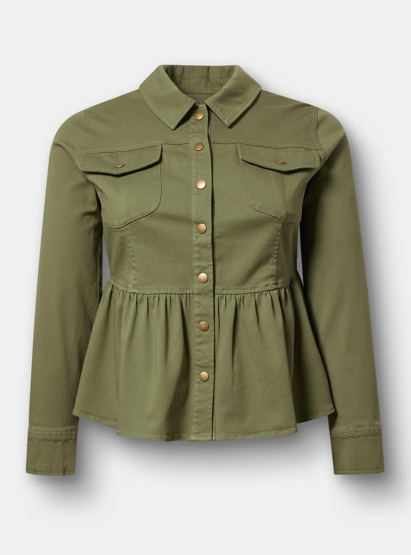 Plus Size Peplum Twill Jacket, OLIVINE, hi-res