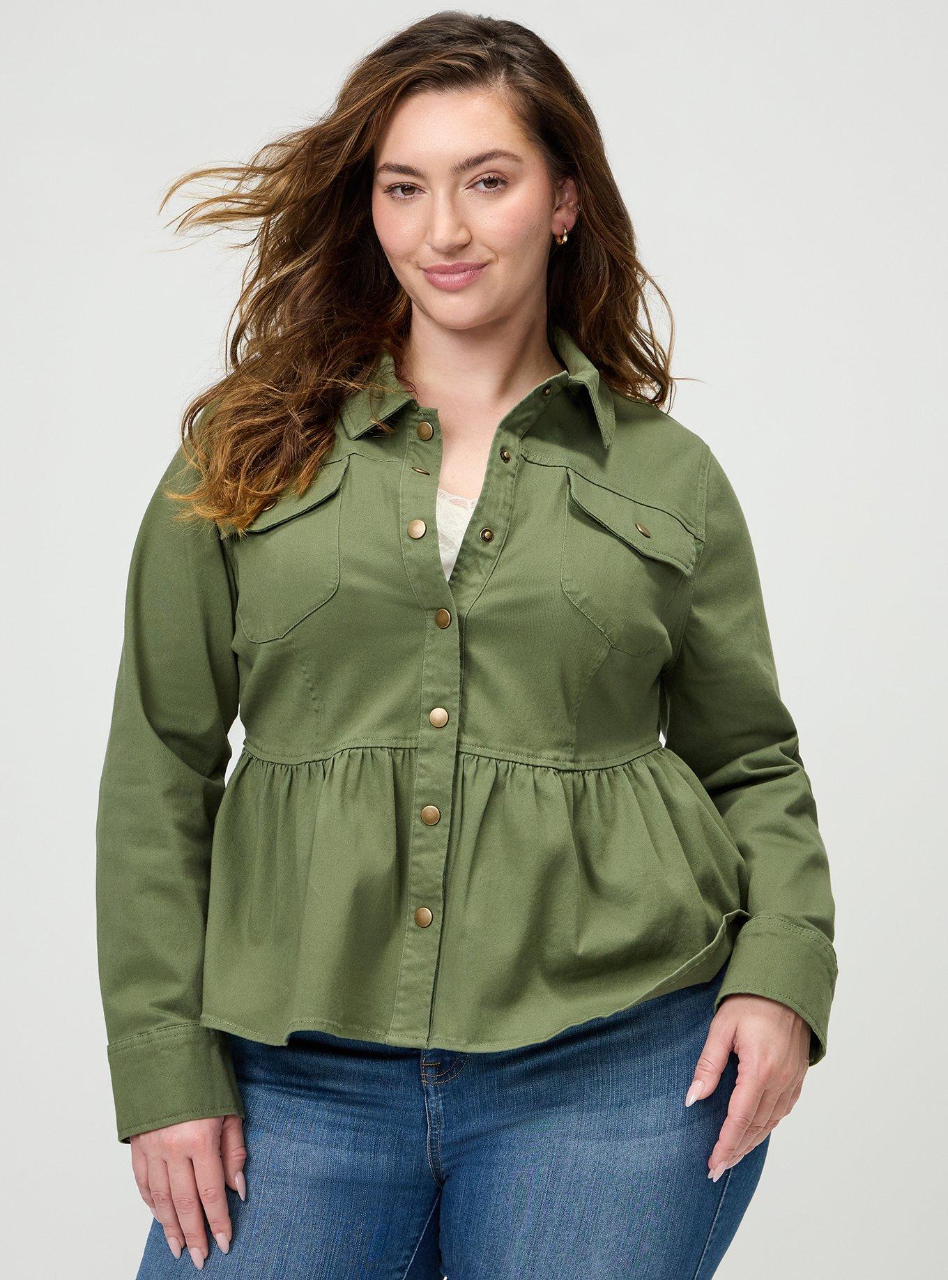 Plus Size Peplum Twill Jacket, OLIVINE, hi-res