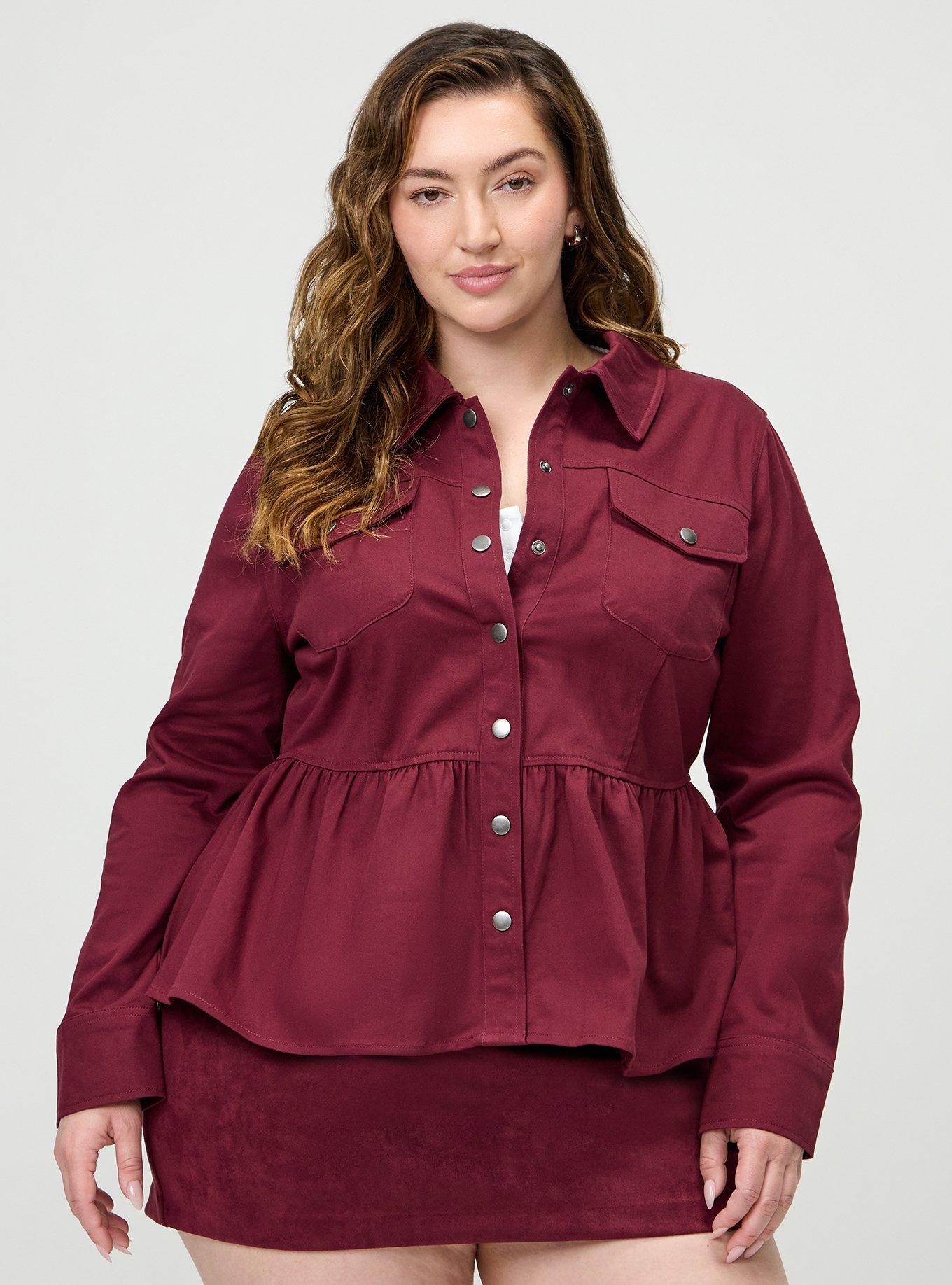 Peplum Twill Jacket, MAROON BANNER, alternate