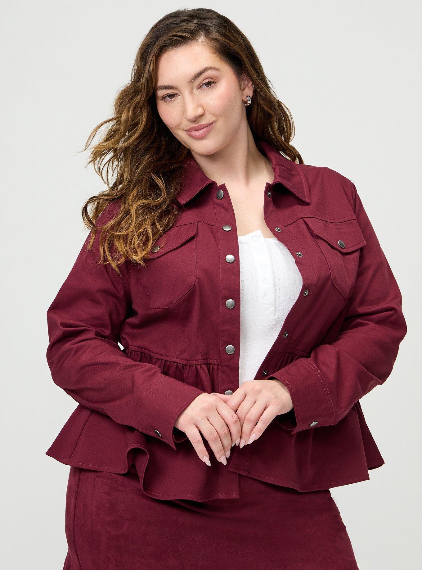 Peplum Twill Jacket, MAROON BANNER, hi-res