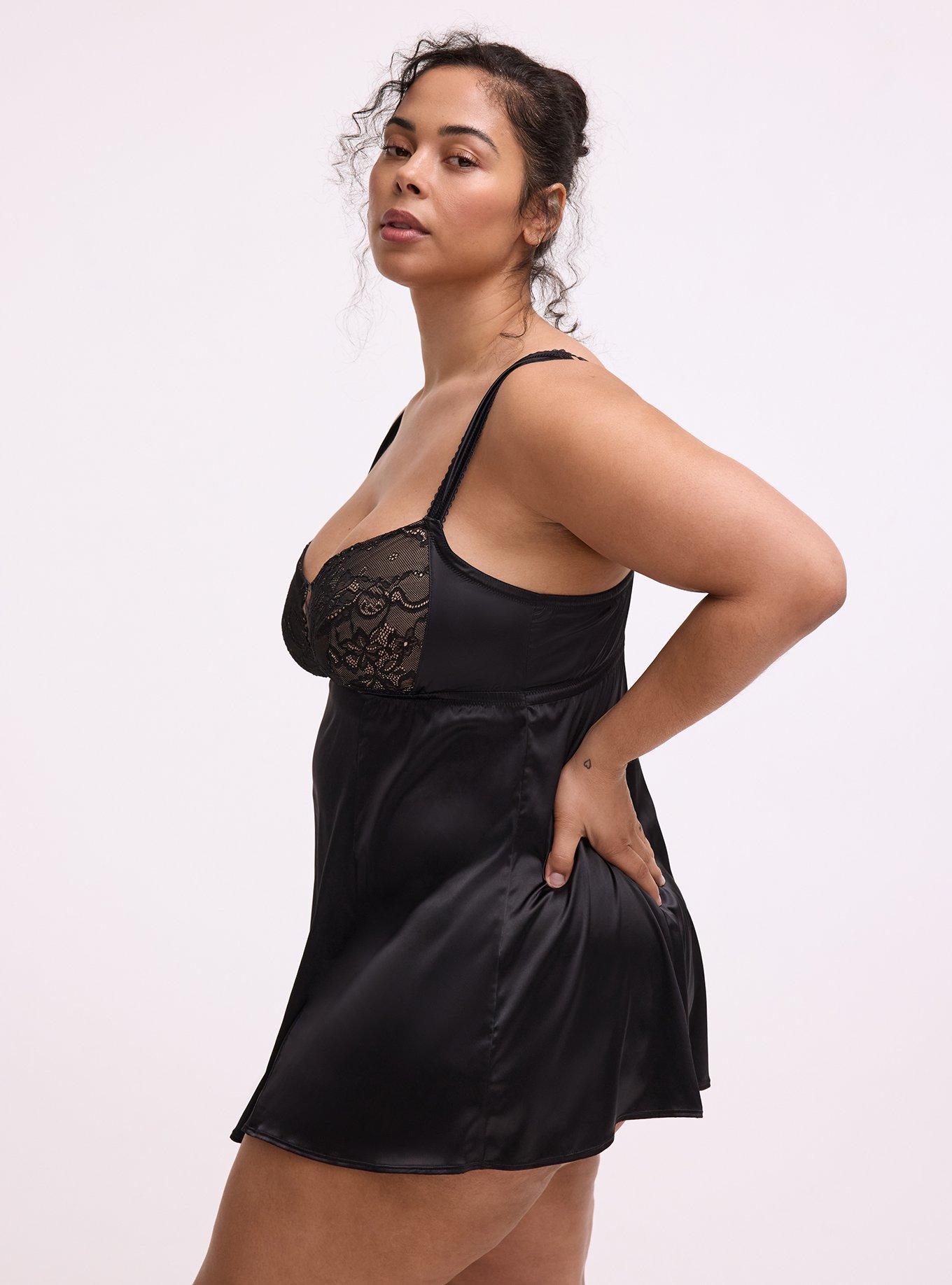 Satin Fit & Flare Wireless Babydoll, RICH BLACK, alternate