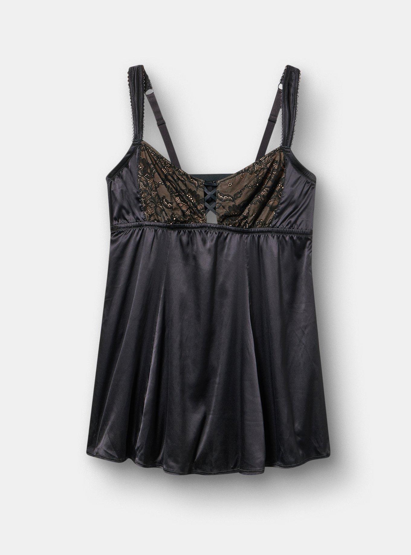Satin Fit & Flare Wireless Babydoll, RICH BLACK, hi-res