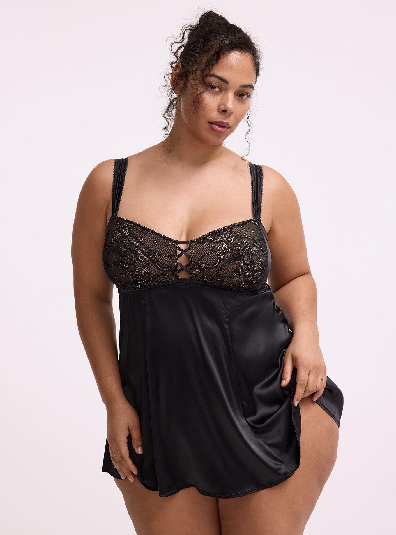 Satin Fit & Flare Wireless Babydoll, RICH BLACK, hi-res