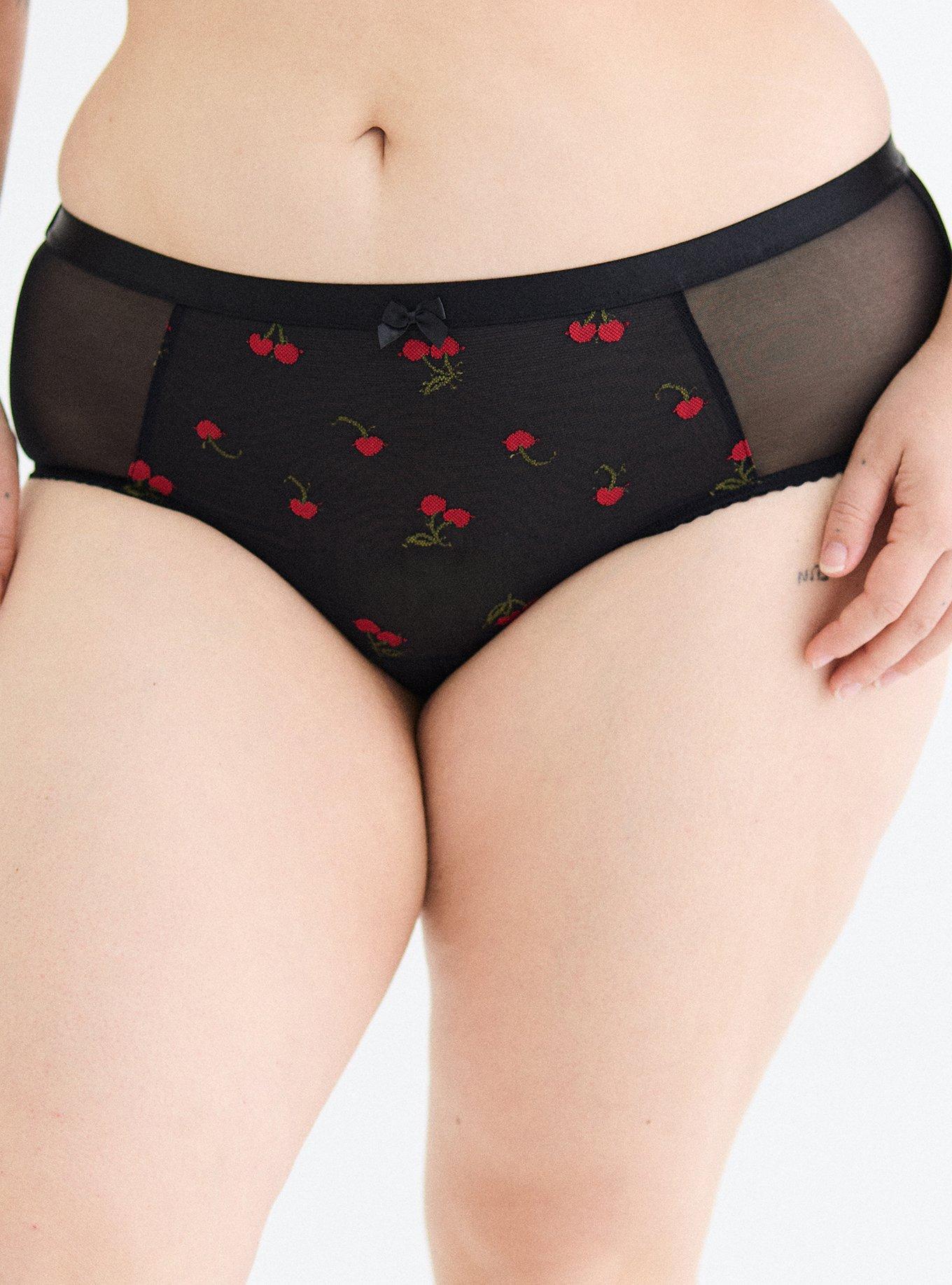 Mesh Mid-Rise Embroidered Cheeky Panty, RICH BLACK RED CHERRIES, alternate