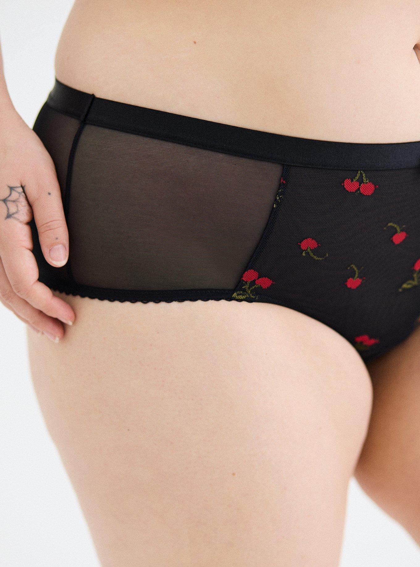 Mesh Mid-Rise Embroidered Cheeky Panty, RICH BLACK RED CHERRIES, alternate