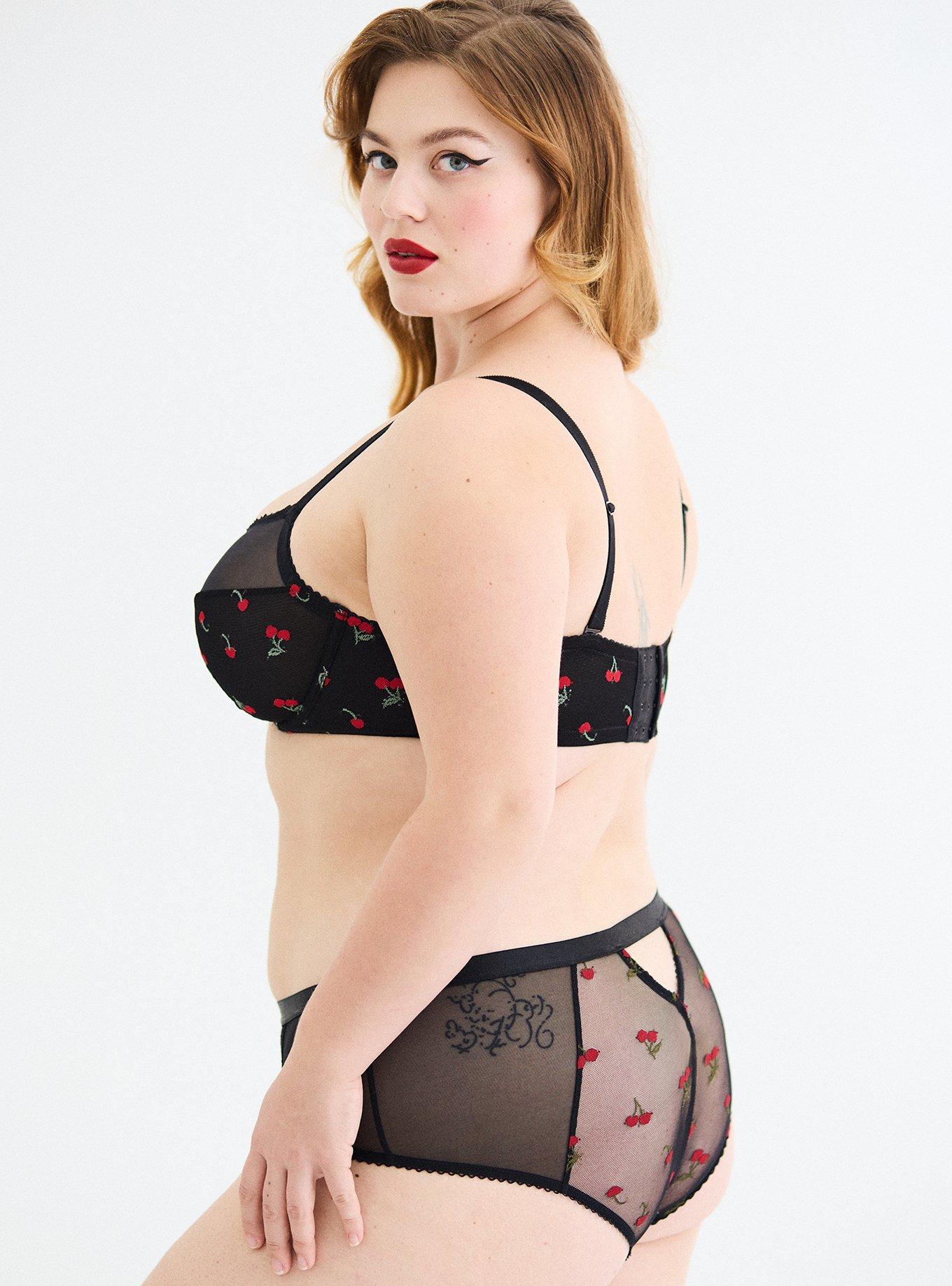 Mesh Mid-Rise Embroidered Cheeky Panty, RICH BLACK RED CHERRIES, alternate