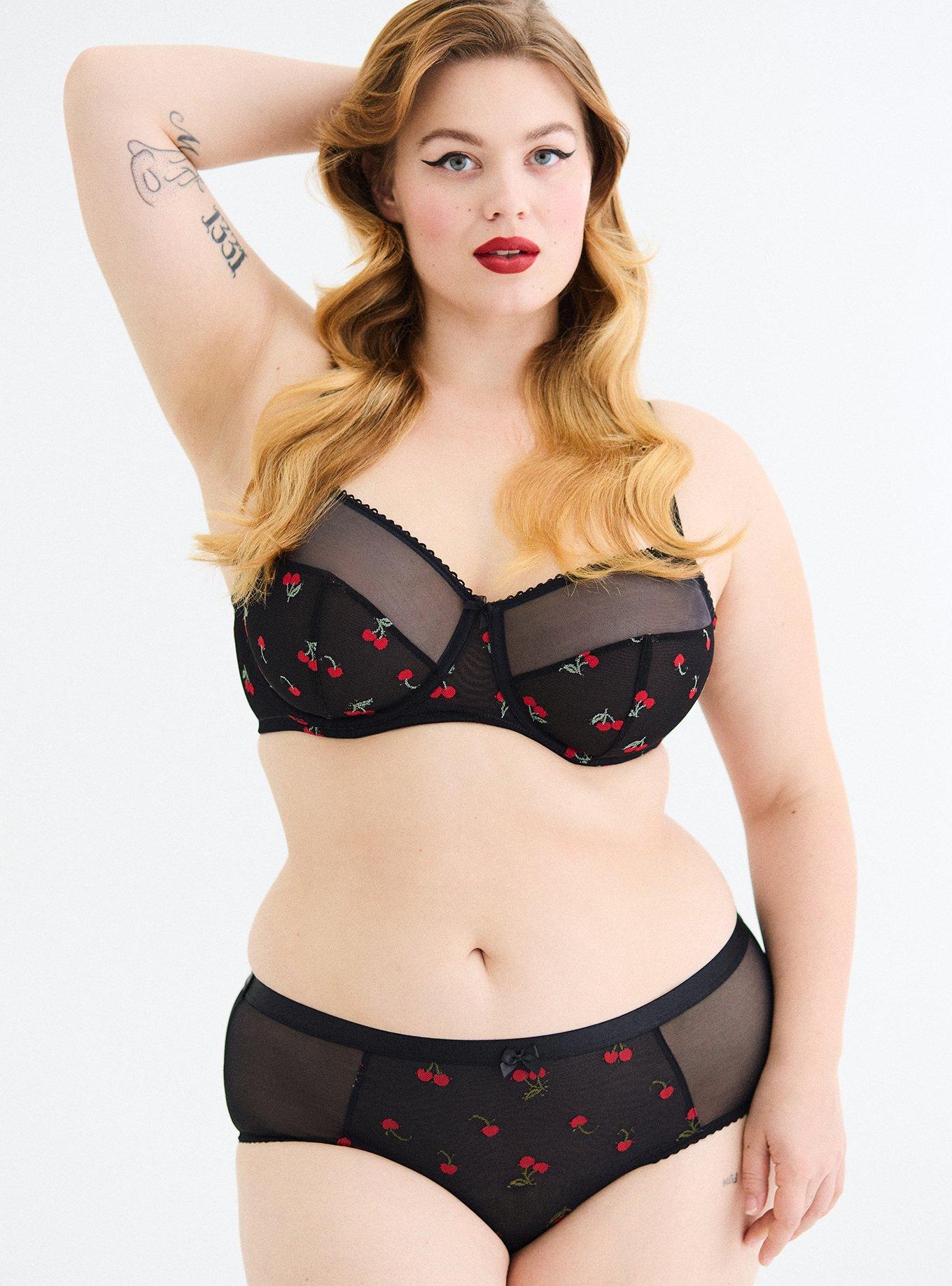 Mesh Mid-Rise Embroidered Cheeky Panty, RICH BLACK RED CHERRIES, alternate