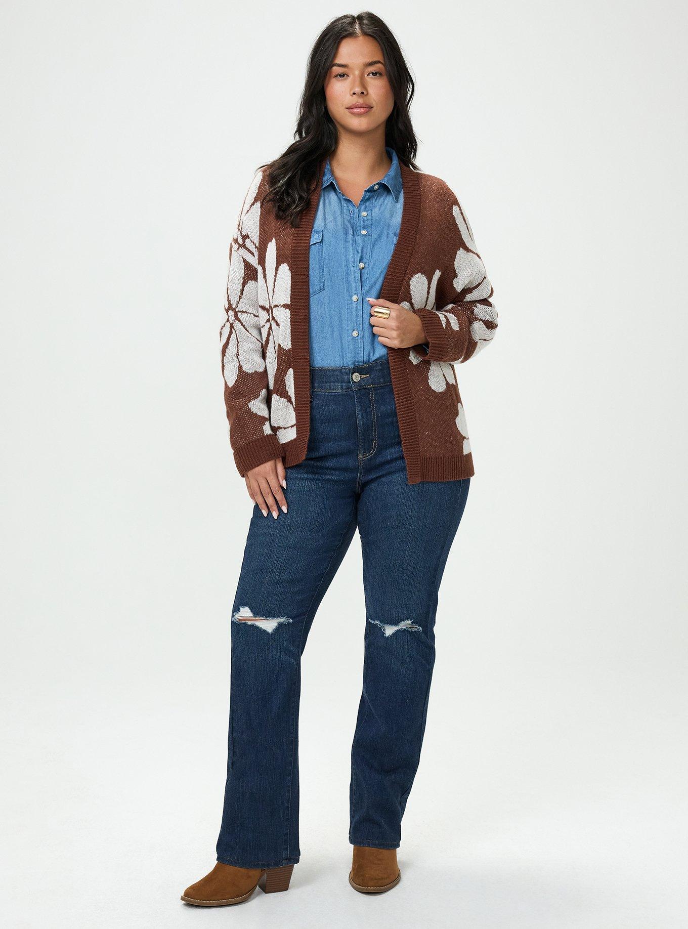 Plus Size Open Front Cardigan, FRATURED DAISIES FLORAL BROWN, alternate