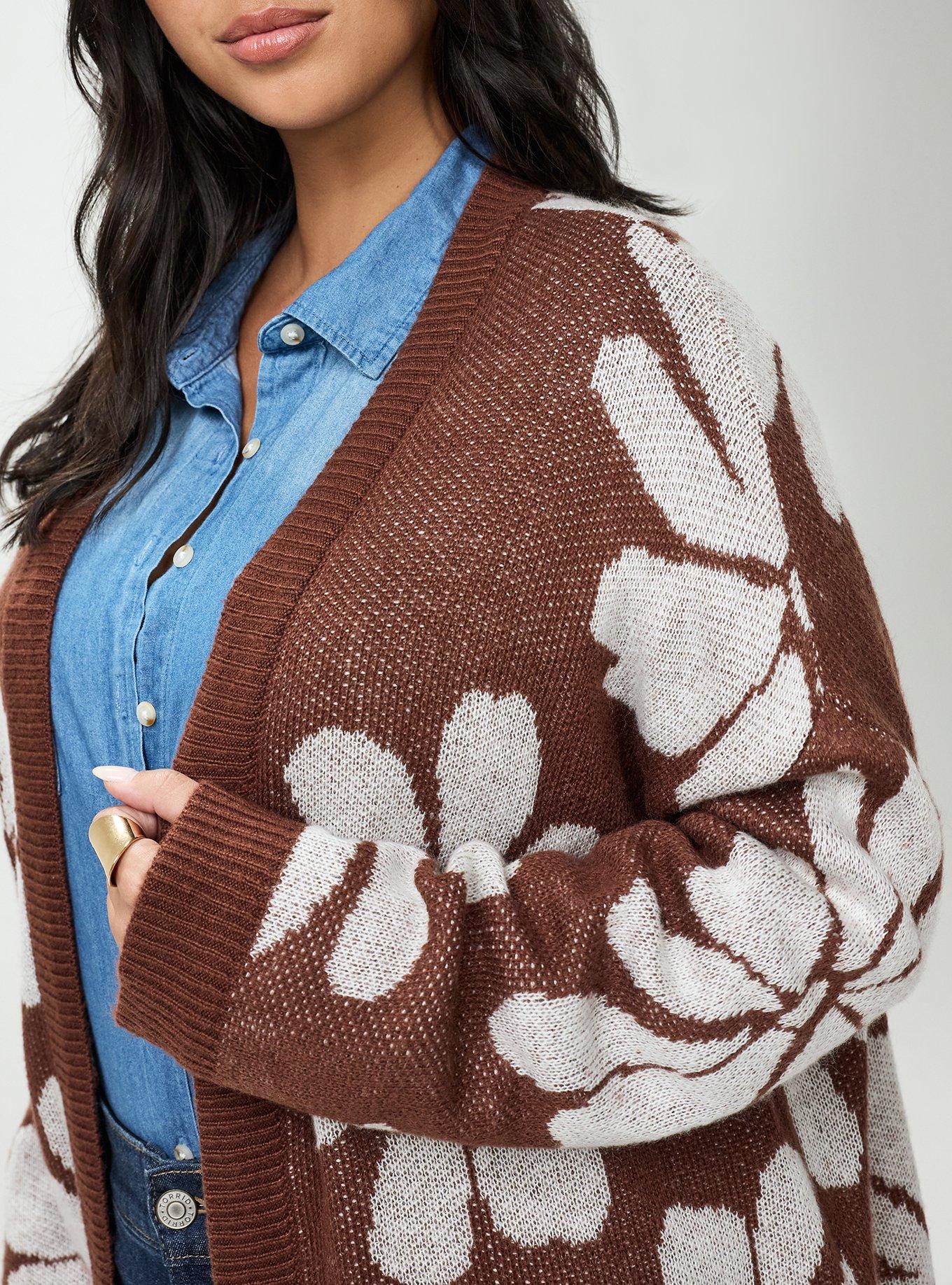 Plus Size Open Front Cardigan, FRATURED DAISIES FLORAL BROWN, alternate