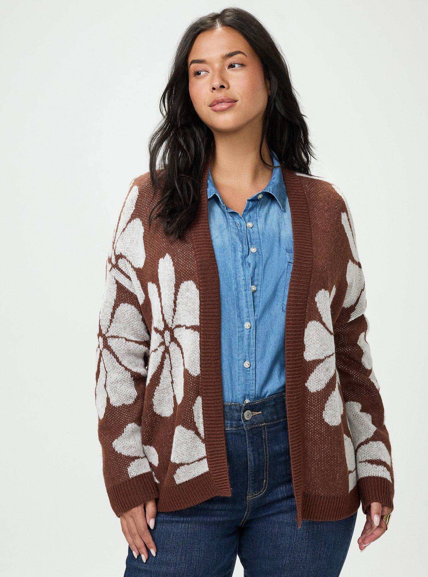 Plus Size Open Front Cardigan, FRATURED DAISIES FLORAL BROWN, alternate