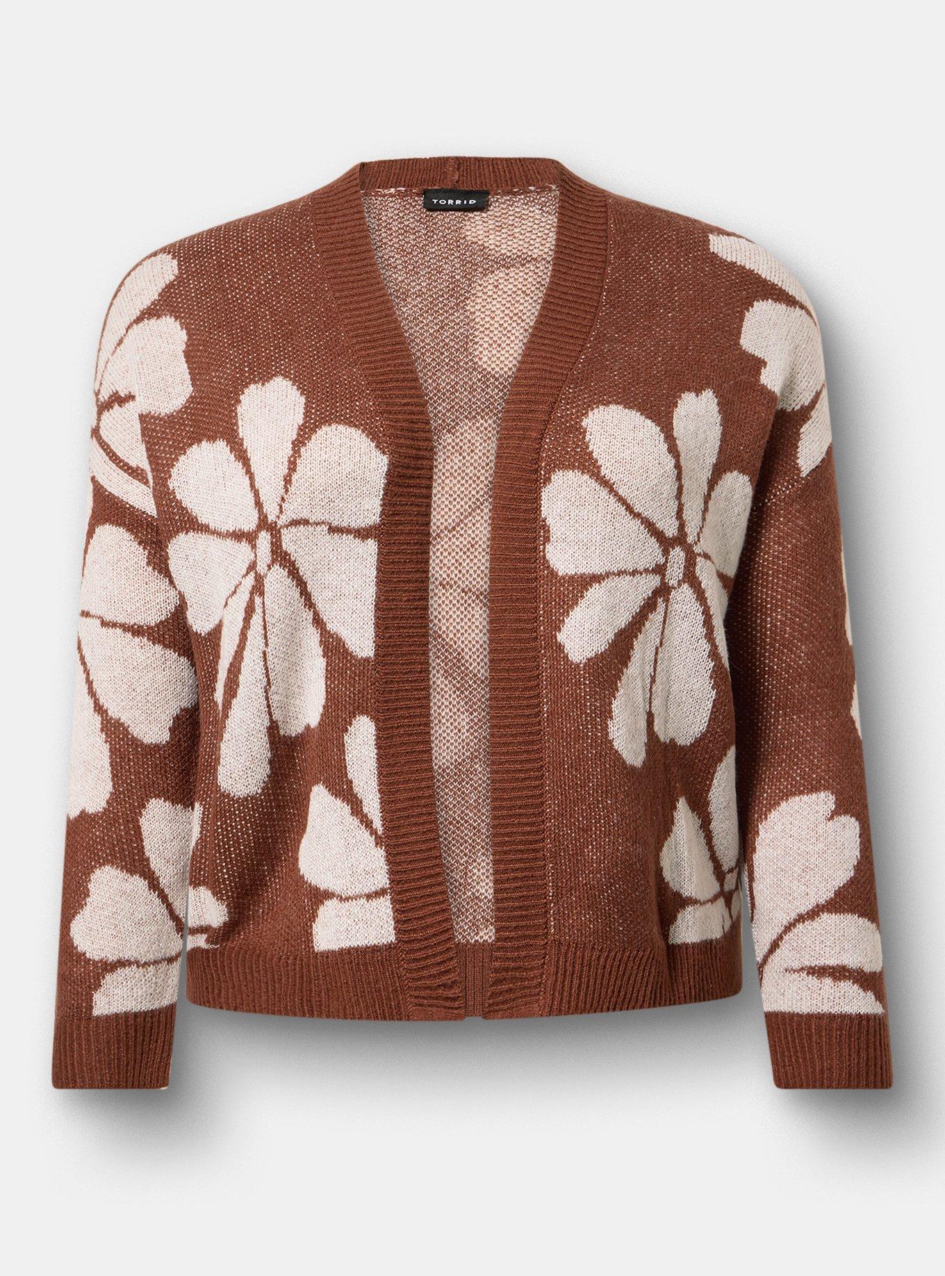 Plus Size Open Front Cardigan, FRATURED DAISIES FLORAL BROWN, flat