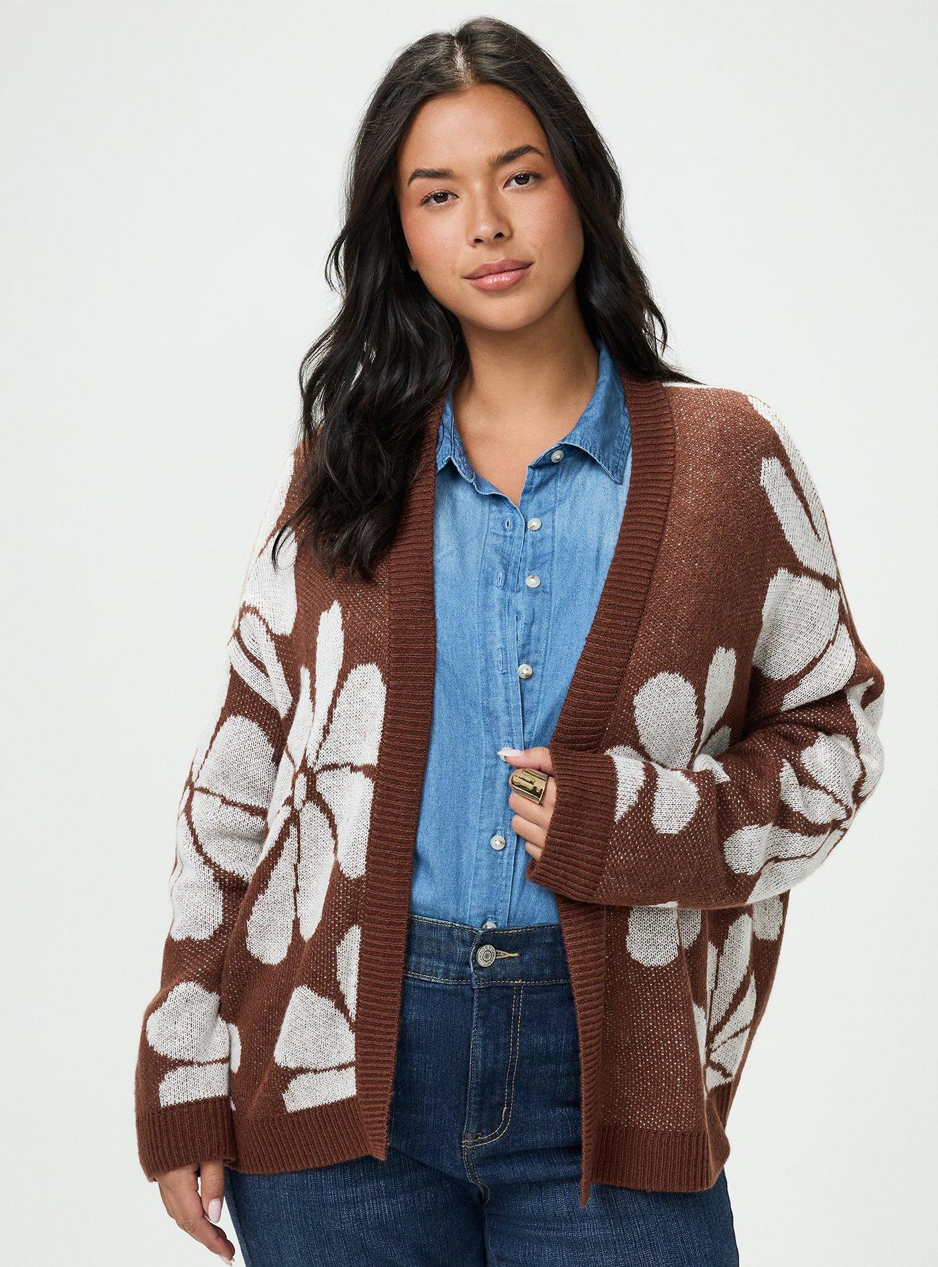 Plus Size Open Front Cardigan, FRATURED DAISIES FLORAL BROWN, hi-res