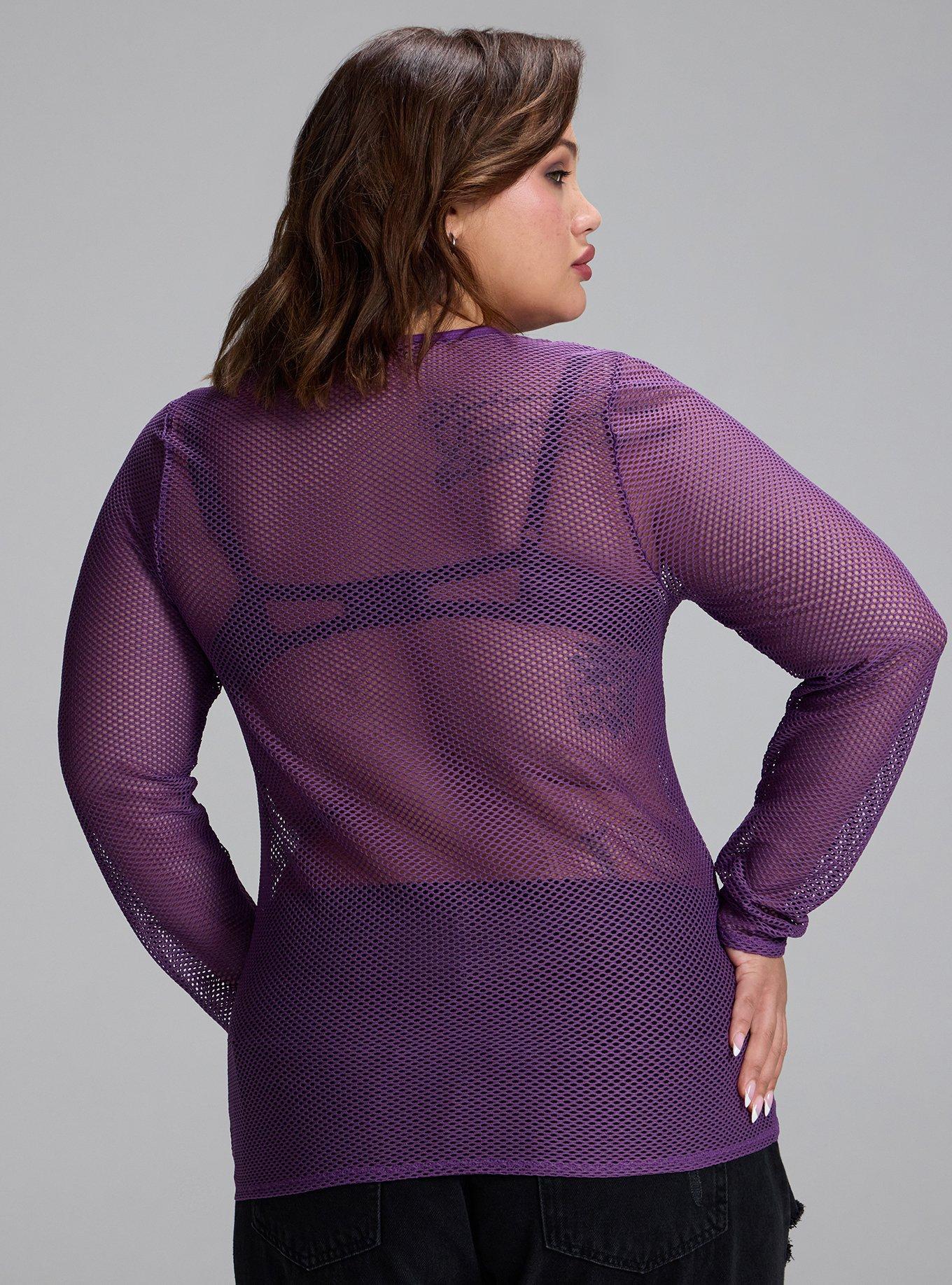 Plus Size Nightfall Long Sleeve Fishnet Top, PURPLE MAGIC, alternate