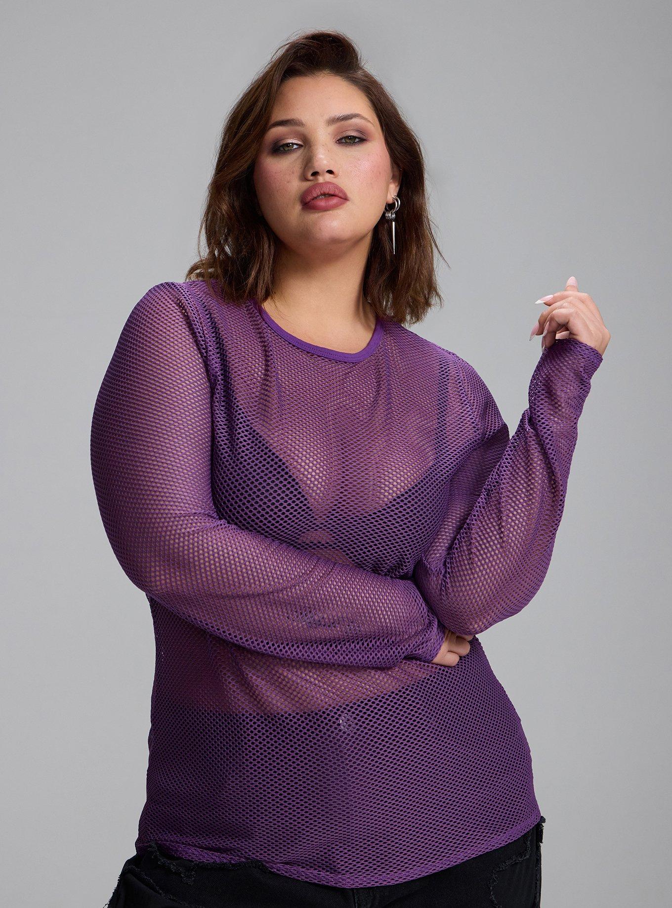 Plus Size Nightfall Long Sleeve Fishnet Top, PURPLE MAGIC, alternate