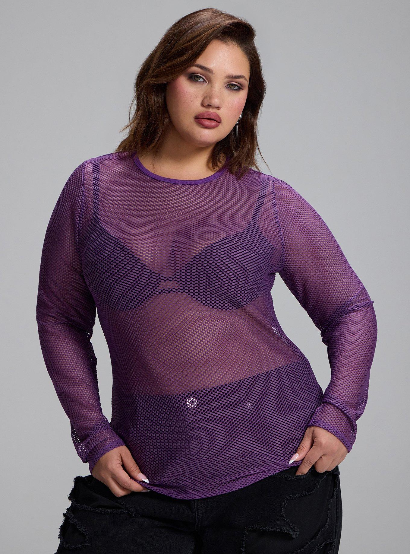 Plus Size Nightfall Long Sleeve Fishnet Top, PURPLE MAGIC, hi-res