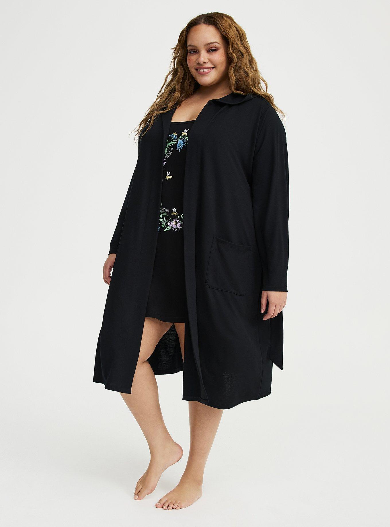 Lightweight French Terry Hooded Sleep Robe, DEEP BLACK, alternate