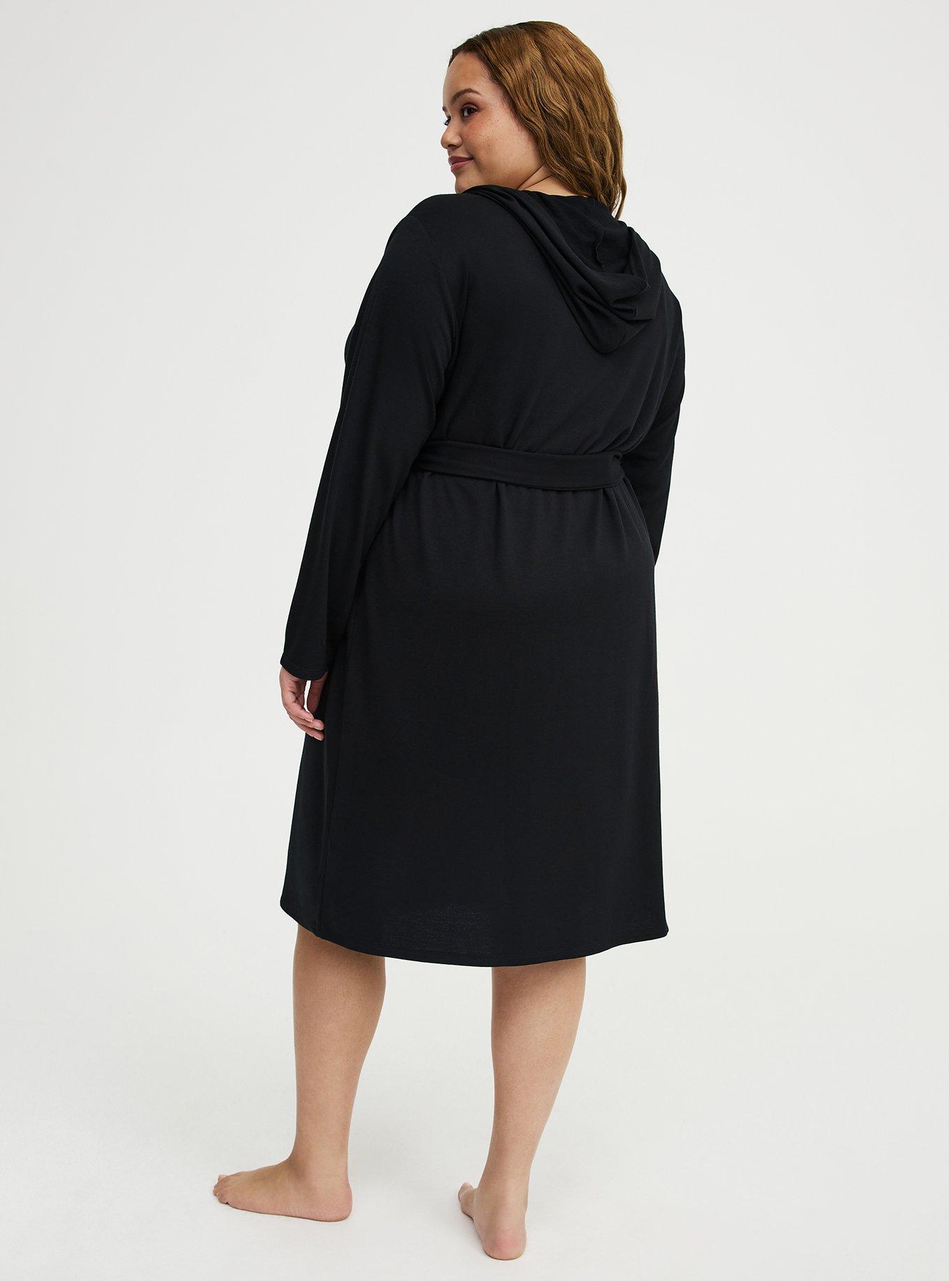 Lightweight French Terry Hooded Sleep Robe, DEEP BLACK, alternate