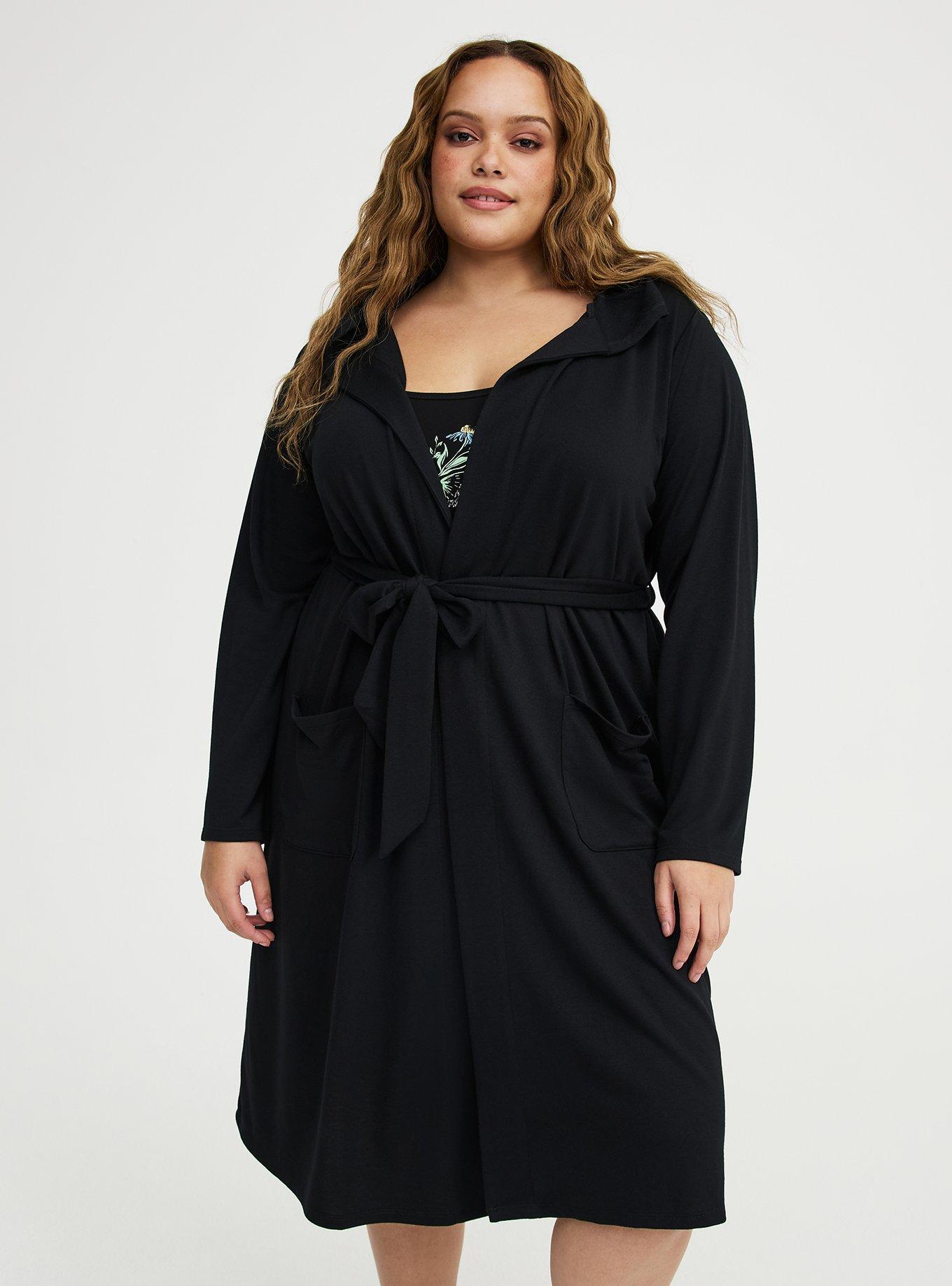 Lightweight French Terry Hooded Sleep Robe, DEEP BLACK, alternate