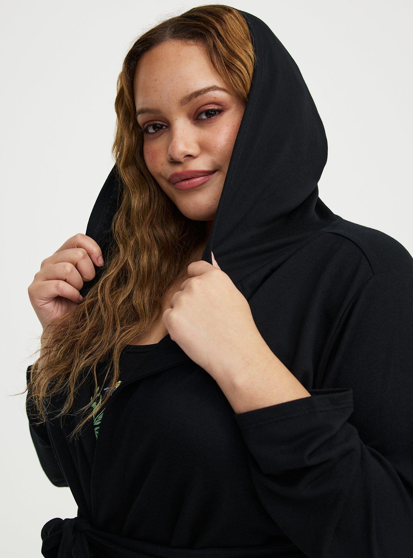 Lightweight French Terry Hooded Sleep Robe, DEEP BLACK, alternate